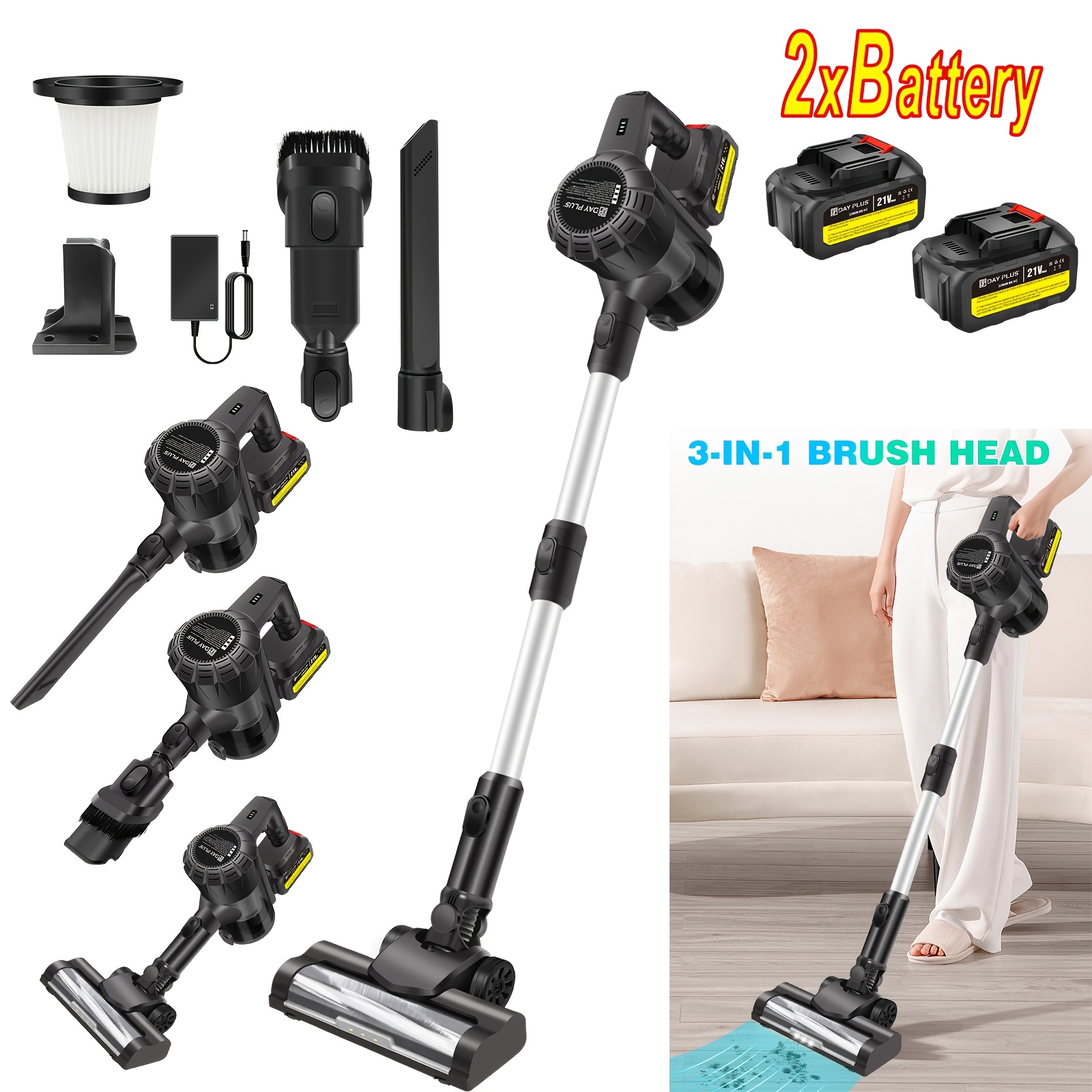 TEMU 6-in-1 Cordless Vacuum Cleaner Stick Handheld, 2 X 3000mah Battery Long , Lightweight For Home Car Use