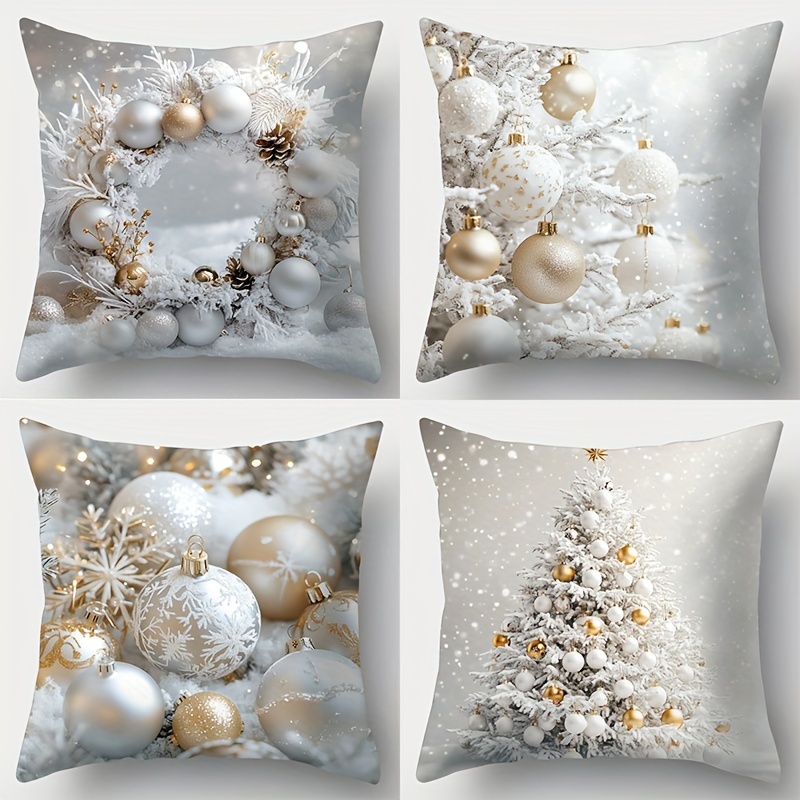 

4-pack Contemporary Christmas Throw Cushion Covers With Wreath And Tree Prints, Soft Polyester Fabric, Zipper Closure, Decorative Woven Pillowcases For Living Room Washer Safe 17.7 Inches