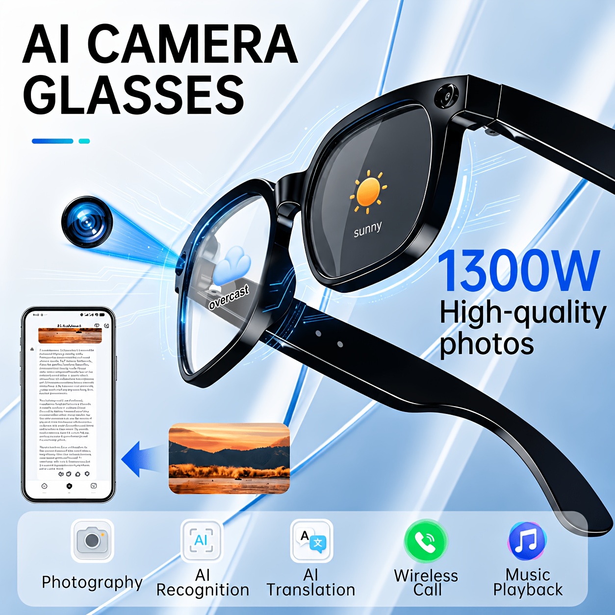 TEMU Ai Smart Camera Glasses With Photochromism Lenses & Fashion Glasses, 13mp Hd Video Recording, Real-time Translation, , Wireless Calling/stereo