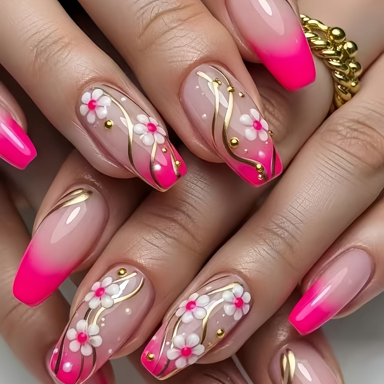 TEMU 24pcs Y2k Premium Gentle Nude Pink Gradient Exquisite Skin Brightening Golden Striped Press On Nails Reusable Manicure