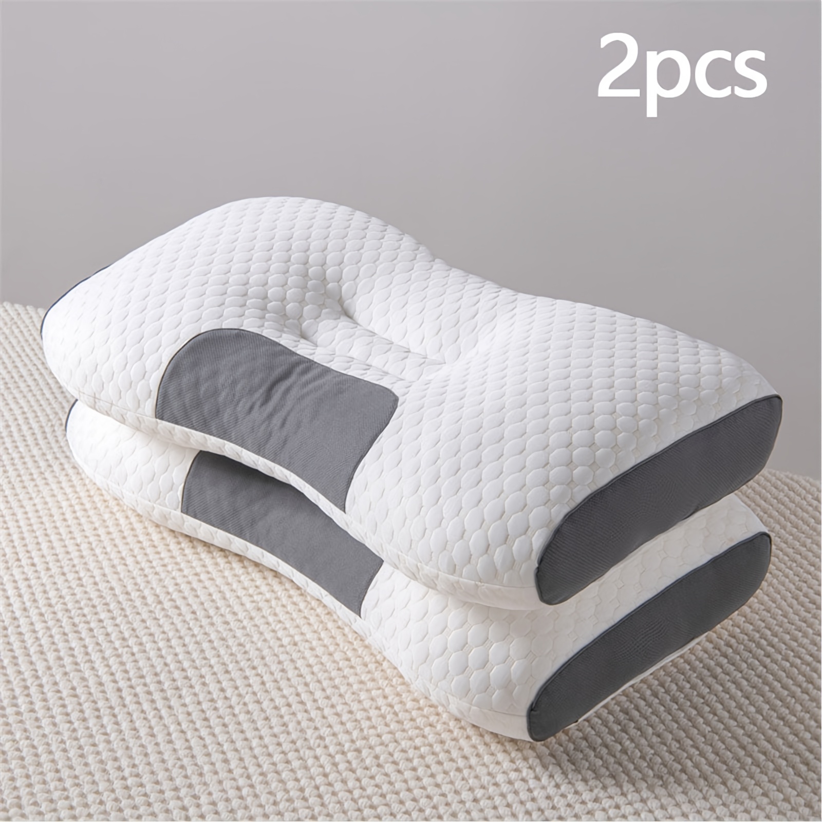 TEMU 2-pack Ergonomic Neck Pillow, Polyester Cover, Polyester Fiber Fill, Medium Soft, Hand Wash Only, Lightweight, Non-electric, Knitted Fabric, Quilted For Neck Support Improvement