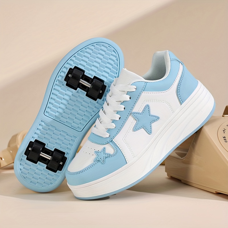 Boys 4-Wheel Roller Skate Sneakers Outdoor Sports Shoes with  Detachable Skates-like Design, Low-Top Lace-Up TPR Sole &, Grey/* Pattern  for