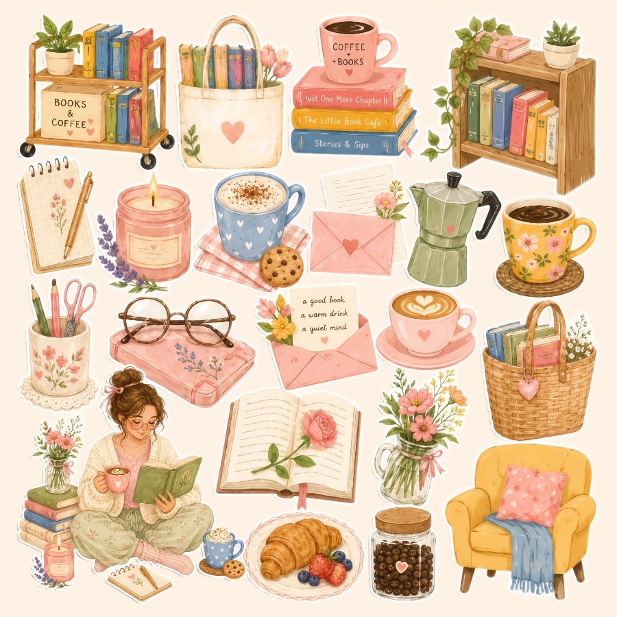 TEMU 1 Set, Coffee Reading Theme Stickers, Planner Stickers, Office Stickers, Friendship Love Gift Stickers, Packaging Stickers, Holiday Party
