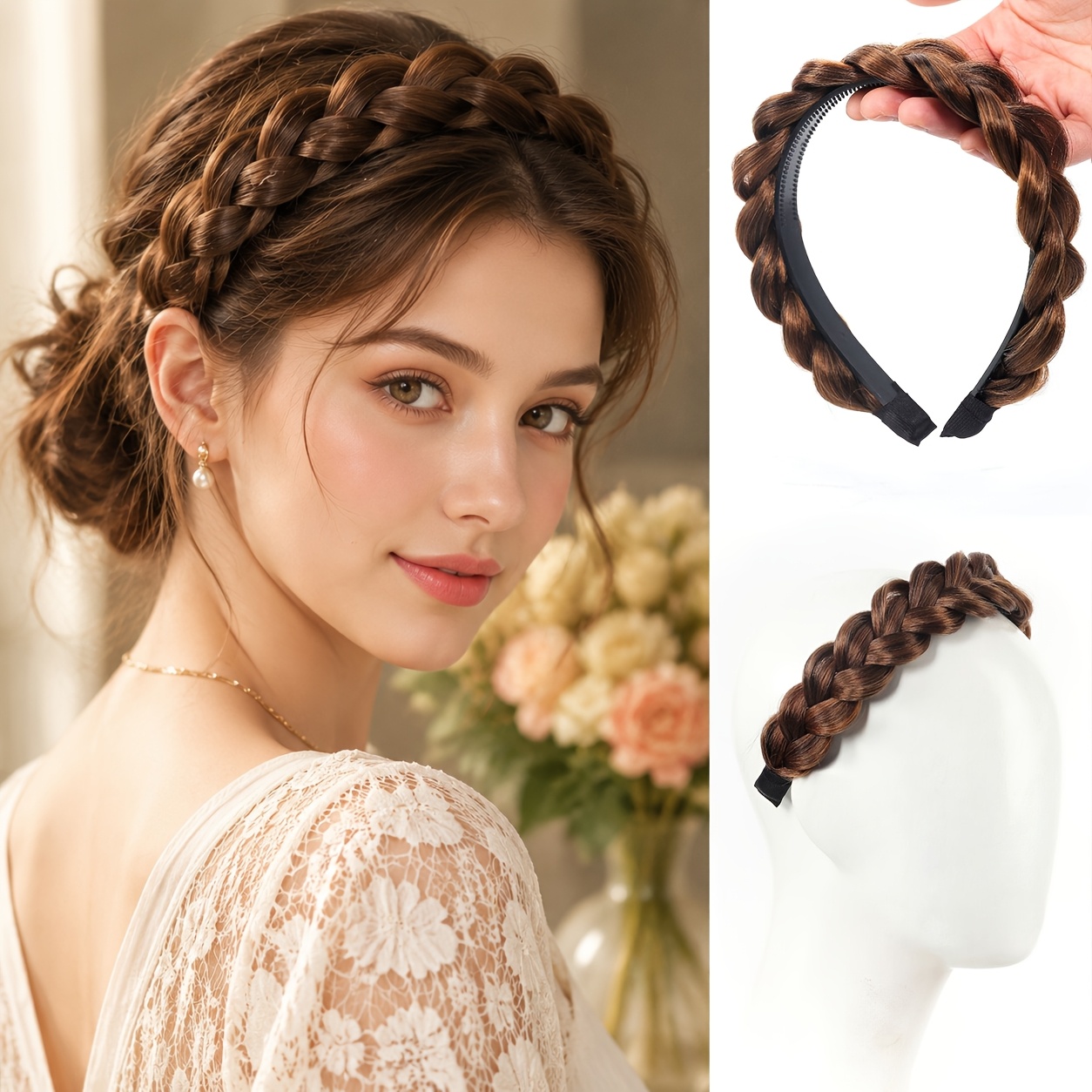 TEMU Women' Natural Looking 3 Strand Braided Headband Wig - Straight Hairpiece Suitable For Daily Wear, Parties, Braids For Hair Types, Quick