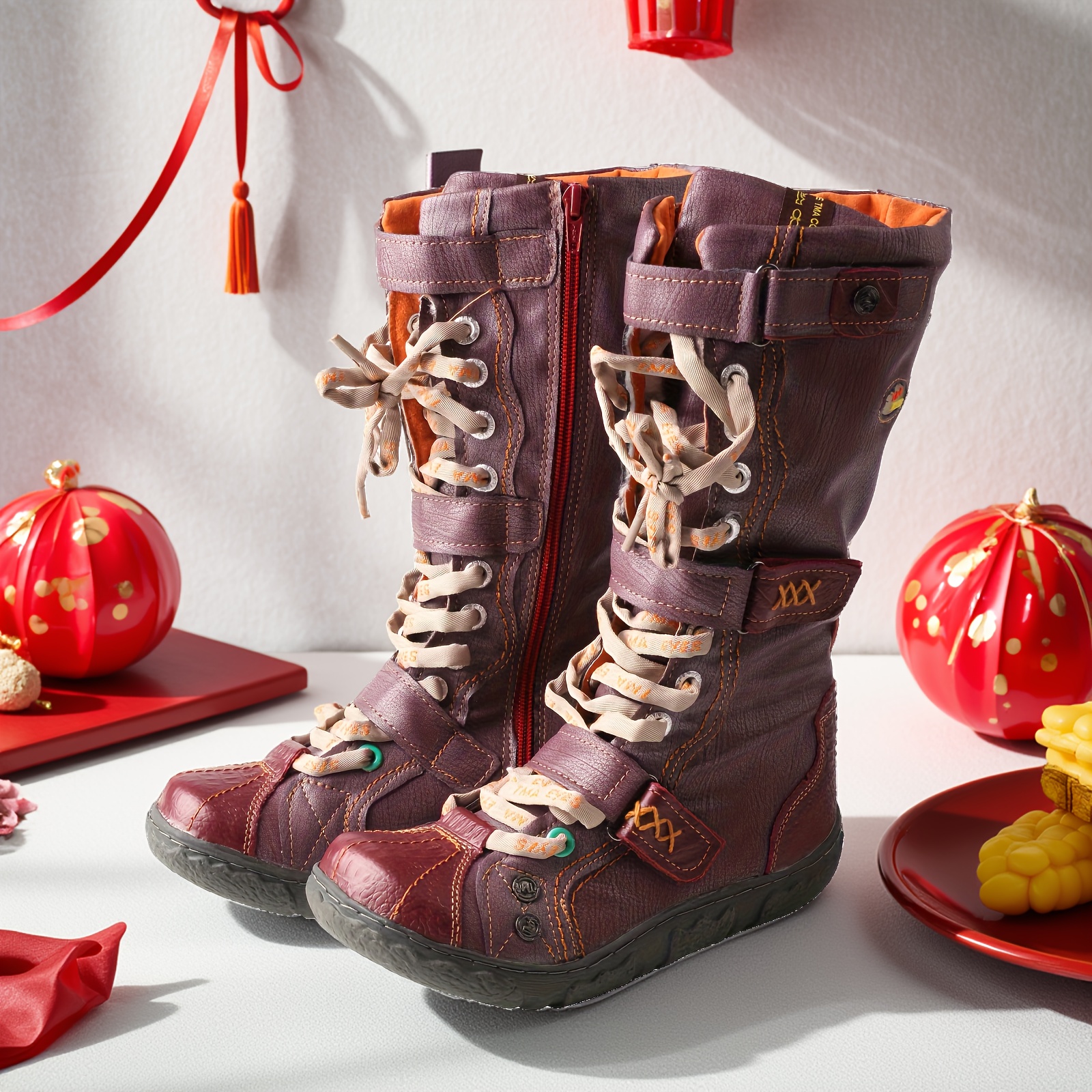   latest fashionable and plush and warm womens long boots hand sewn thread tied side zipper skiing hiking shoes anti slip flat bottomed snow boots