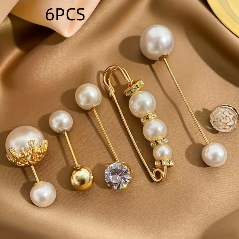 

6pcs Elegant Pearl Safety Pins Set, Golden Tone Brooch Pin Collection With Faux Crystal & Beads Accents For Clothing Decoration And Adjustments