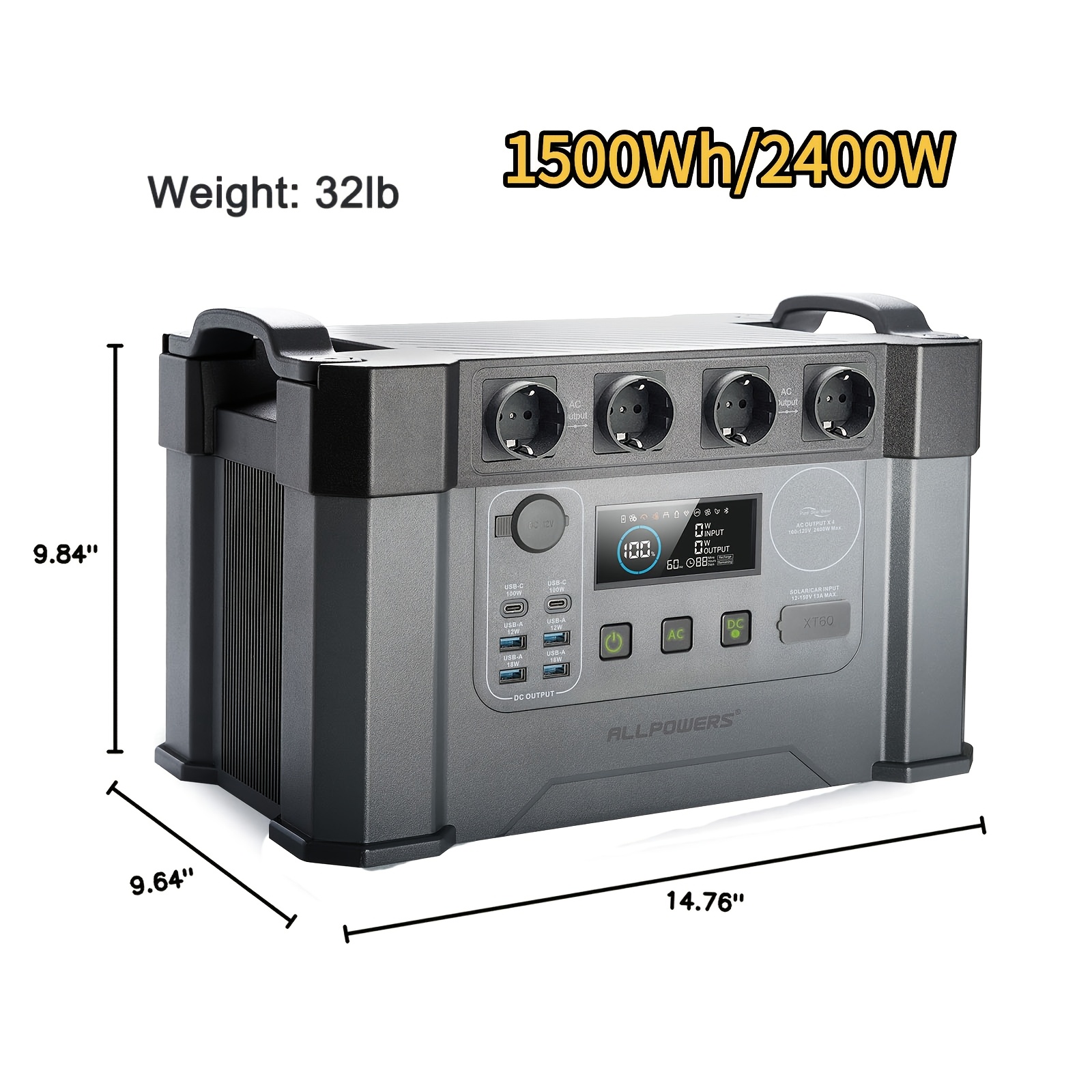     Tragbare Stromstation 2400 W (Spitze 4000) MPPT Solar-Generator 1451 Wh Backup-Batterie mit 4 2-Pol-Klinkensteckdosen für Outdoor Camping, RV Notfall  -Solar-Ladegerät Generator zum   Solarbaterrie Außenstromversorgung Energieautark Kompaktes Design Leichtgewichter Hochleistungsgenerator Zuverlässige   Sonnenenergetikus Freizeitsportler Camper Hiker