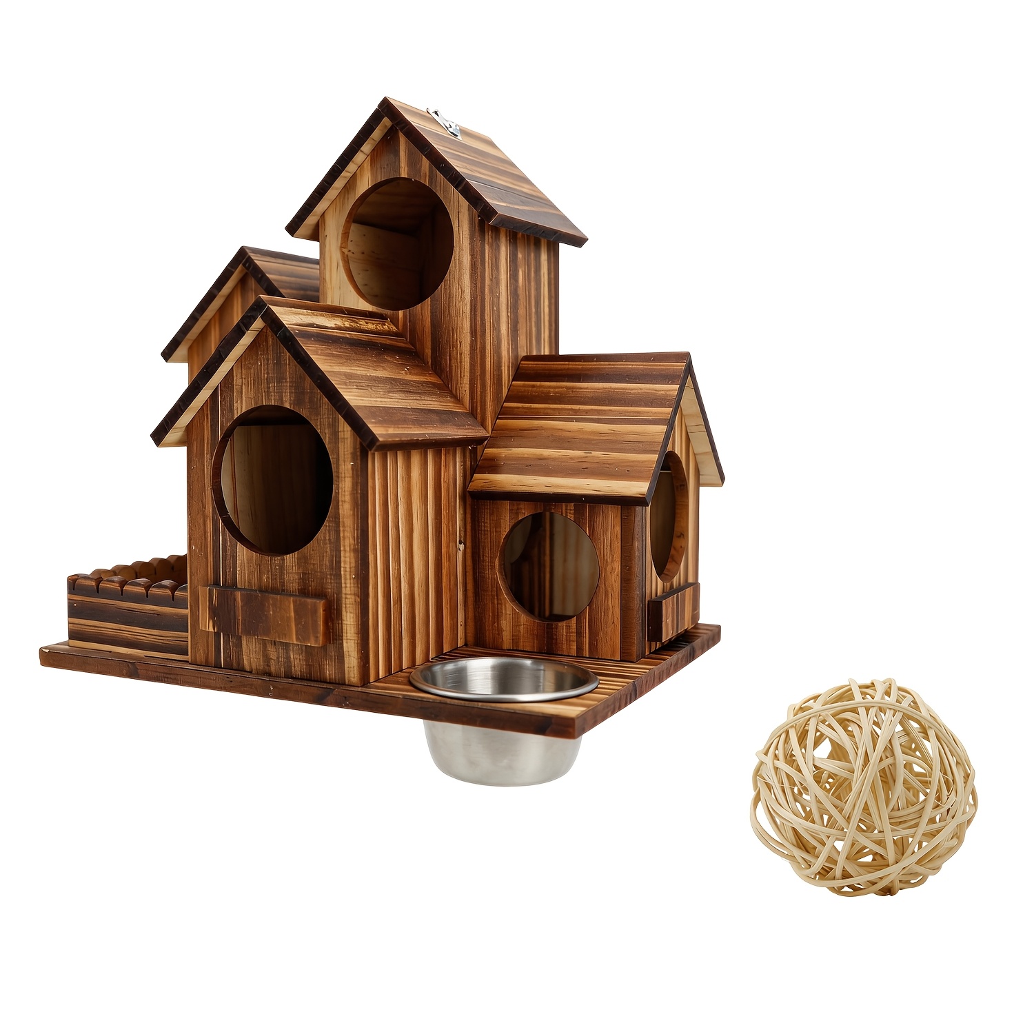 TEMU Small Outdoor Six-hole Birdhouse, Featuring A Stainless Steel Feeding Bowl And A Rattan Chew Ball, Suitable For , , And Other Small Bird - A