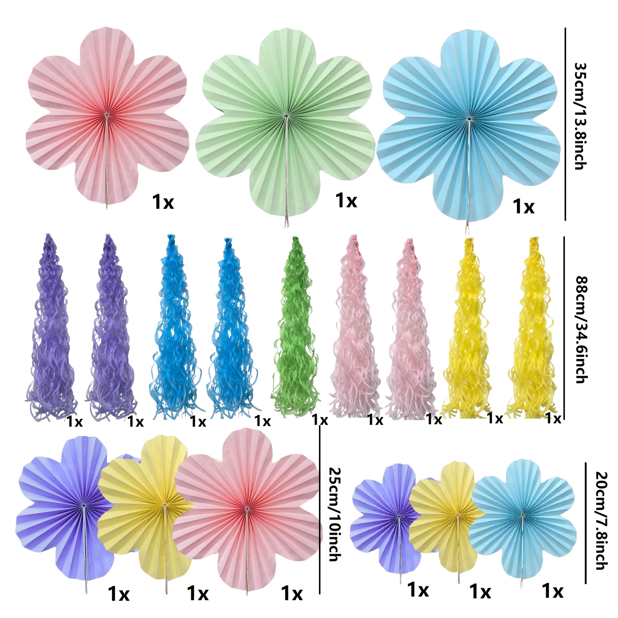 18pcs 5colors Pink Purple Green Yellow Bluepastel Flower Fans Pompom Set Colorful Ice Cream Easter Macaron Wall Hanging Decor Birthday Wedding Bridal Shower Classroom Supplies