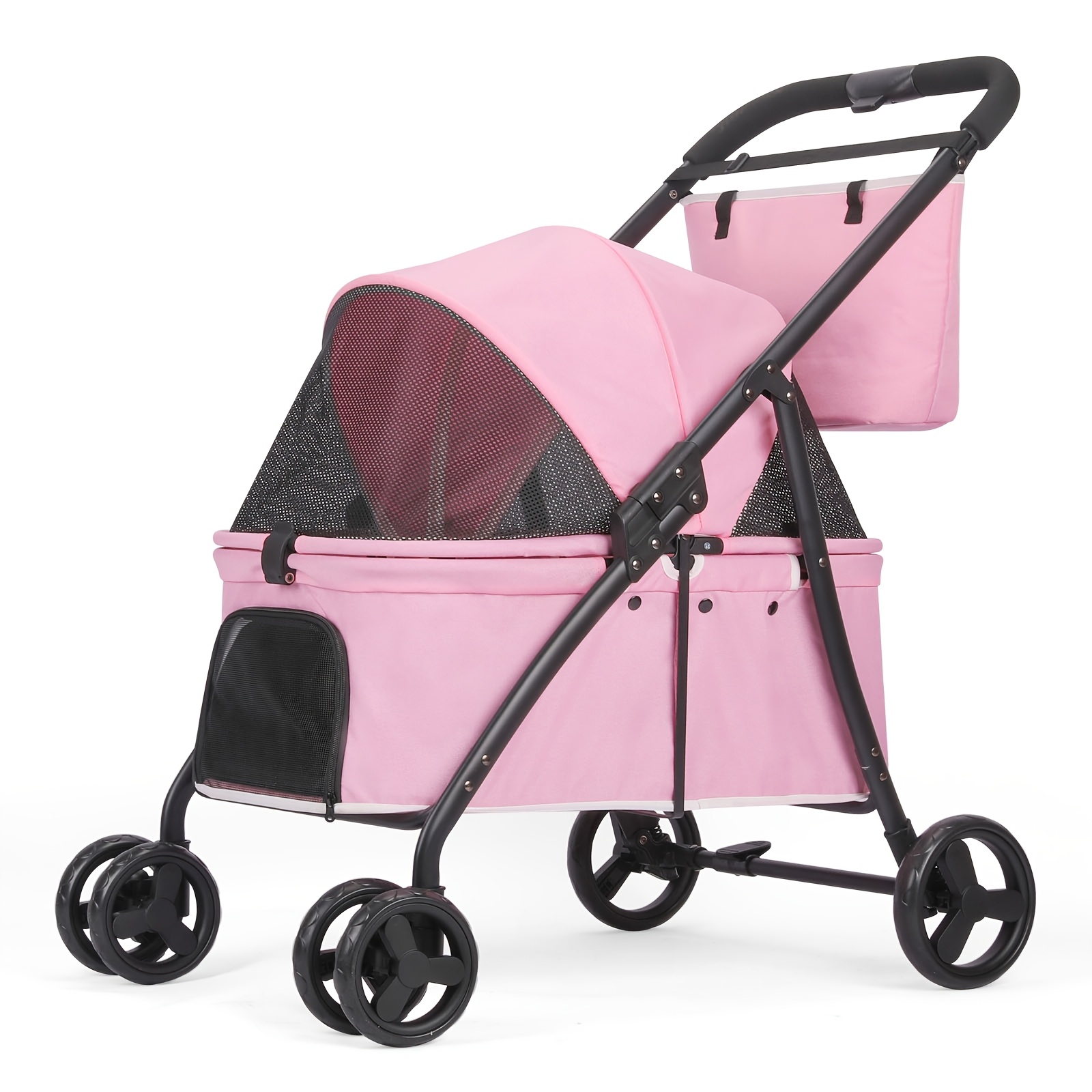 Image of Set Up Dual Brakes For Safety In A Pet Travel Stroller Featuring 4 Wheels. This Foldable Stroller With An Adjustable Handle And Is Designed To