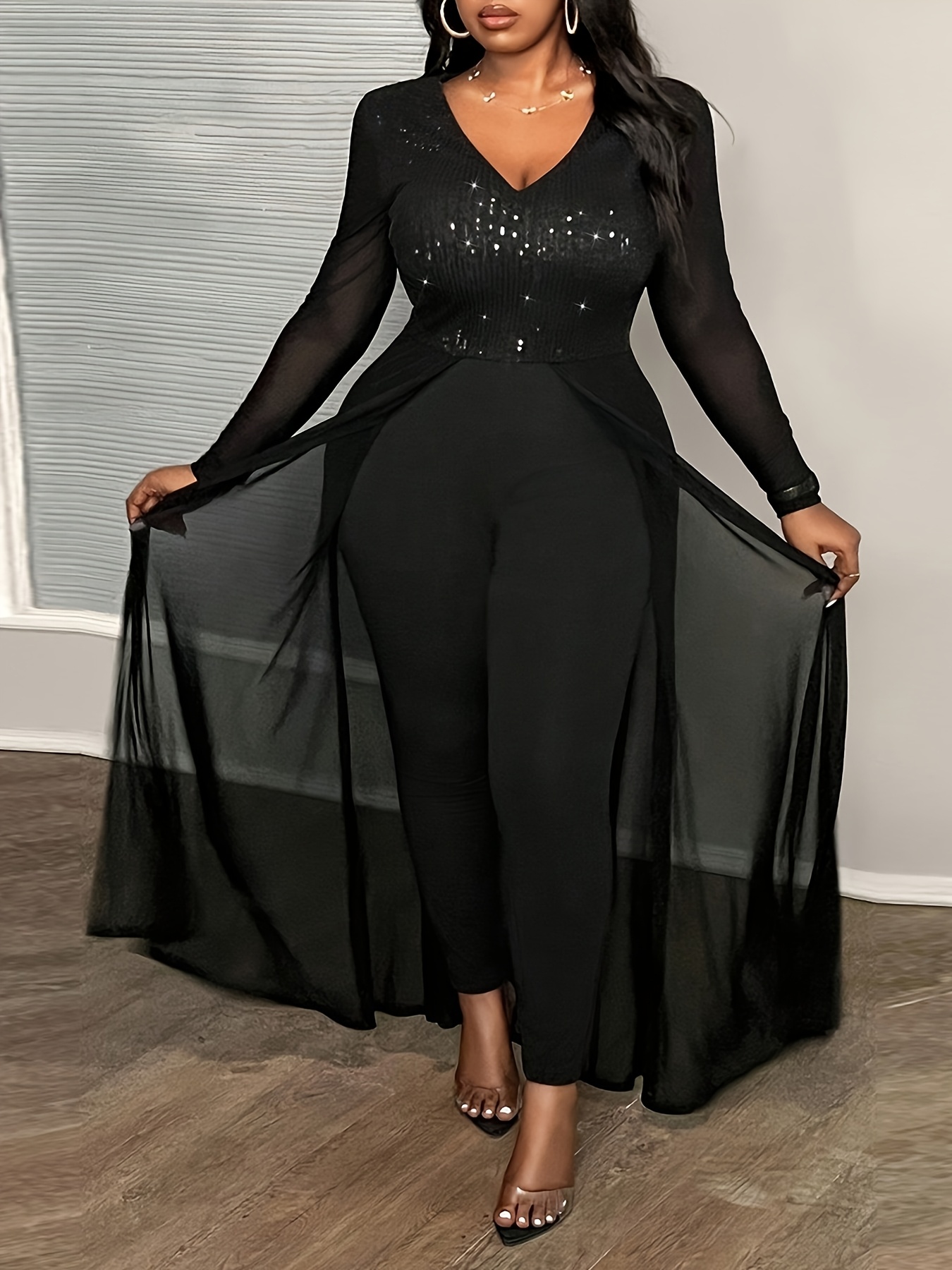 plus size elegant plus size sequin jumpsuit mesh overlay v Temu