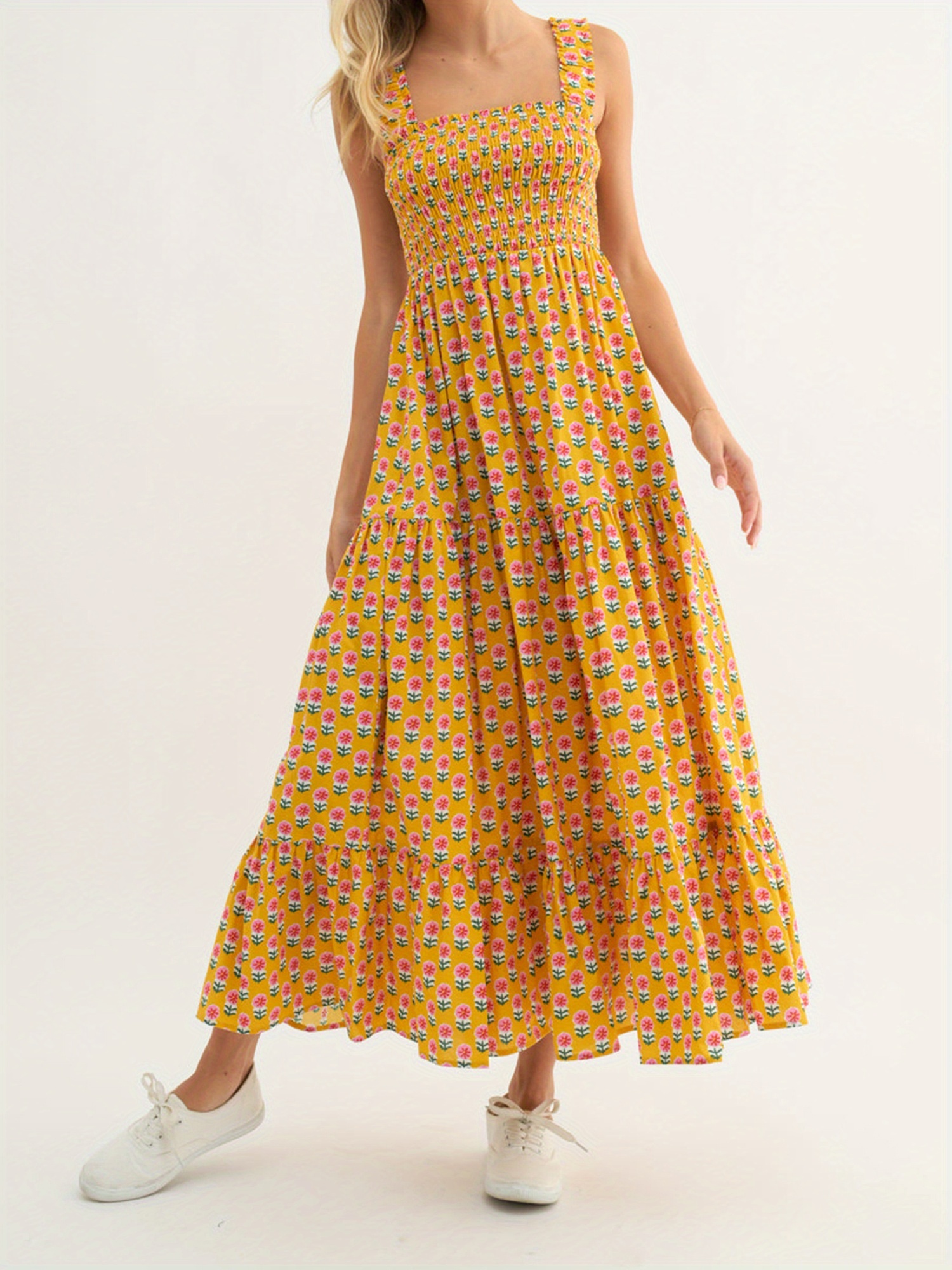 women's y2k floral print tank dress - smocked square neck sleeveless  backless a-line tiered ruffle hem with pockets, vibrant yellow & orange  flowers on mustard, versatile for casual & formal occasions, tank