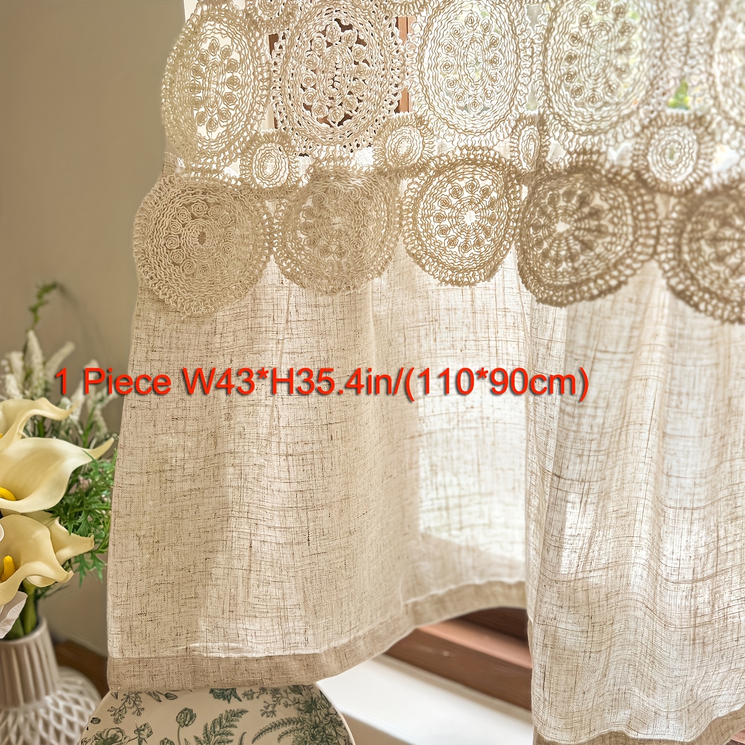 TEMU 1pc, Pastoral Style Round Hollow Embroidery Coffee Curtain, Bohemian Style Short Curtain, Used For Kitchen, Living Room, Home Decor, Rod Not