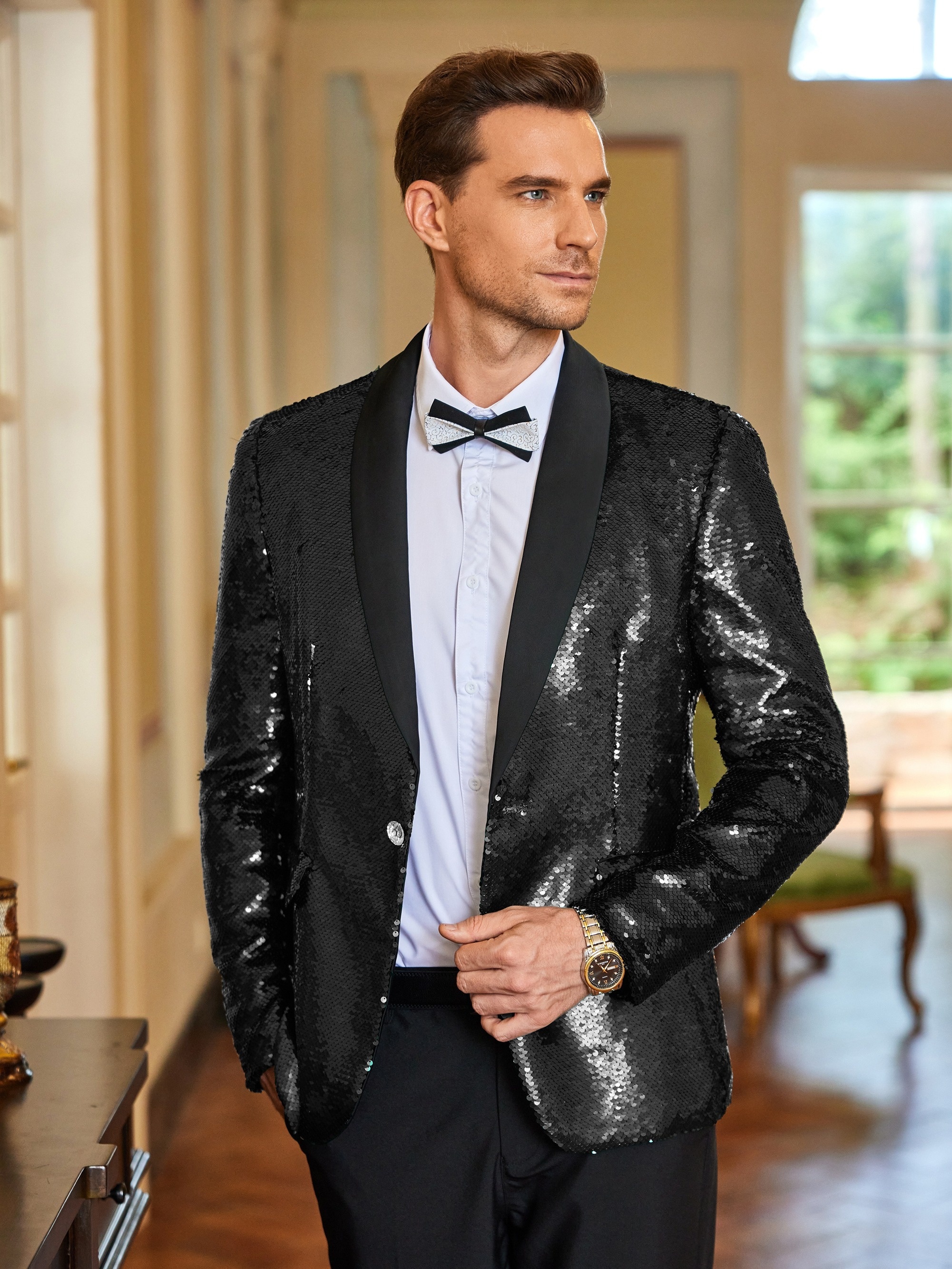 Shiny Black Suit Jacket Men Shiny Sequin Tuxedo Party Dinner Prom