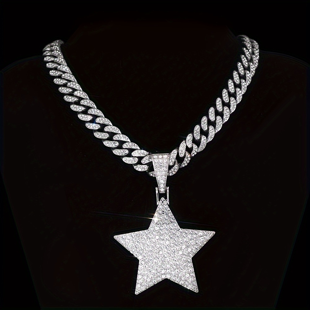 

A Shiny Pentagram Pendant With A Cuban Link Chain, A Miami Necklace For Men And Women, A Hip-hop Pendant Necklace Jewelry Gift.