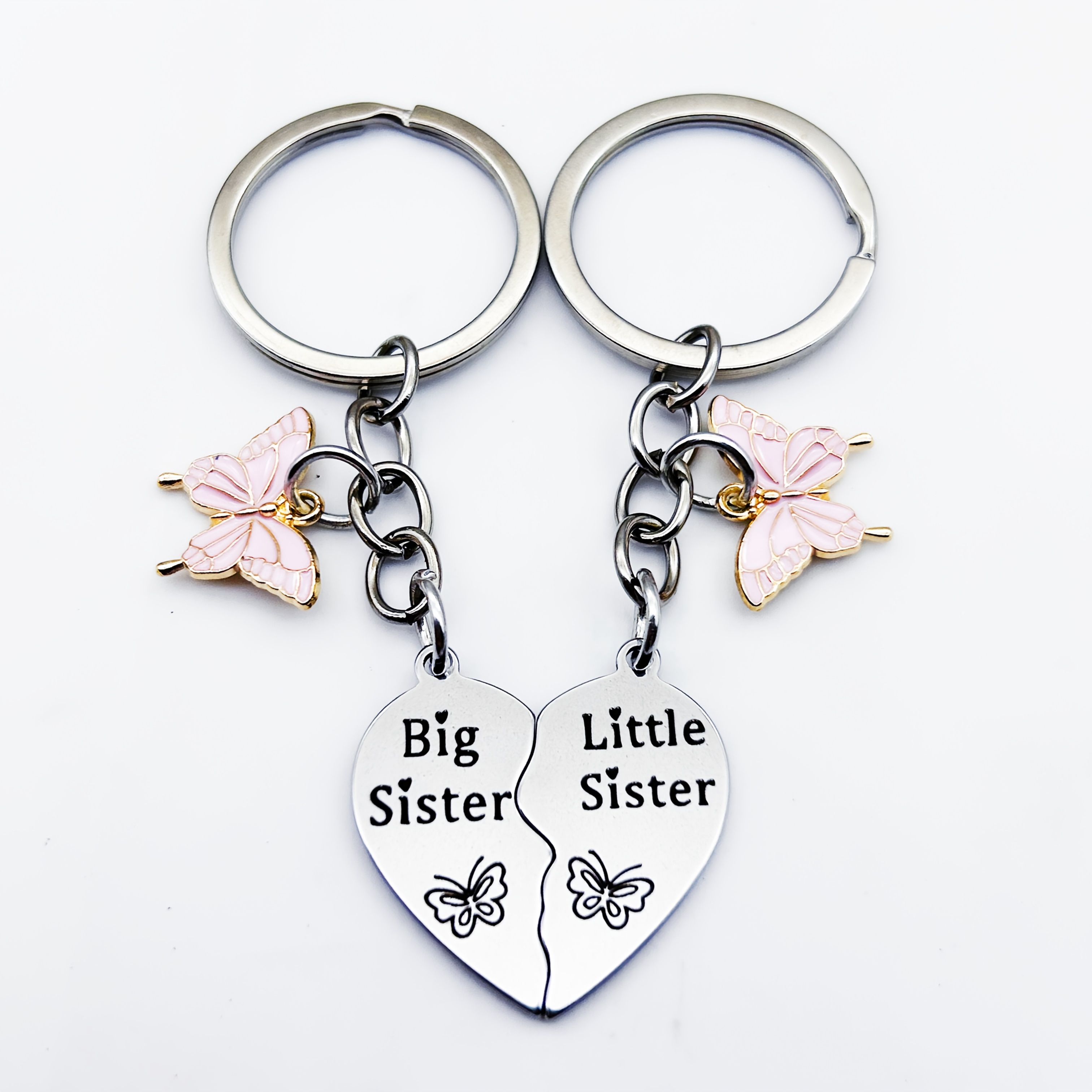 Sister Duo Heart Keychain With Pink Pendant, A Commemorative Gift For 'big Sister & Little Sister'