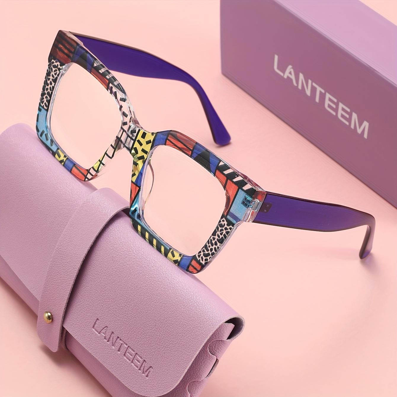 TEMU Lanteem Comes With A Gift Case And Outer Box. 1 Pair Of Square Large-frame Fashionable Non- Glasses For Men And Women, Featuring A Colorful