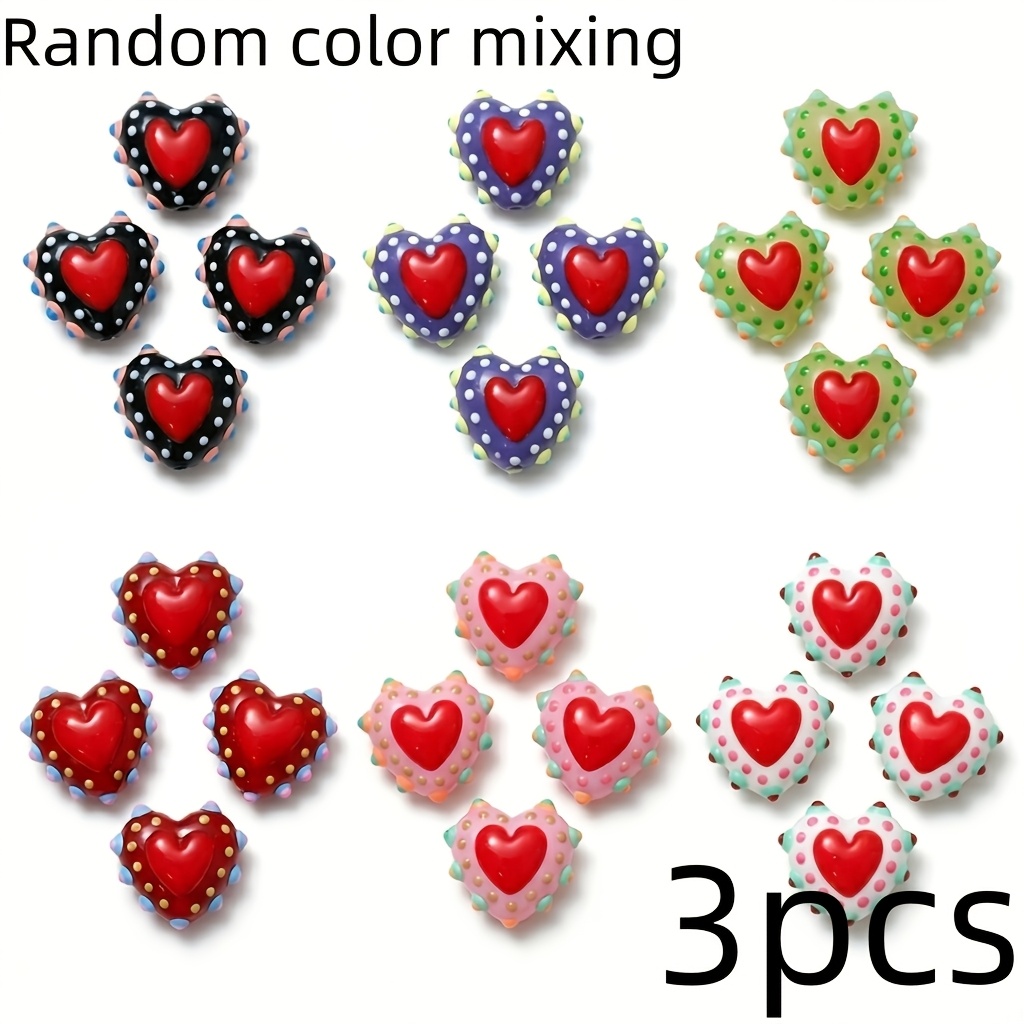 TEMU 3 Colorful Dotted Heart Glass Beads, Hand-painted Random Mixed-color Red Heart Style, Suitable For Diy Art Necklaces, Bracelets, Earrings, And