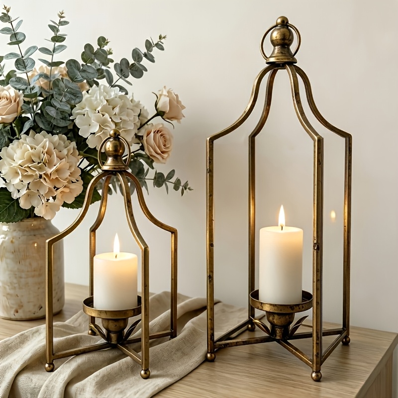 TEMU Vintage Distressed Golden Art Hollow-out Lantern Candle Holder 2pcs Set, Arched Frame Desktop Candle Stand, B&b Wedding Atmosphere Decorative