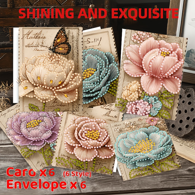 TEMU 6pcs 2d Handmade Diamond Painting Set, New Beautiful And Vibrant Rose Pattern, Printed Canvas For Painting And Writing, Unique Handmade Gift Set