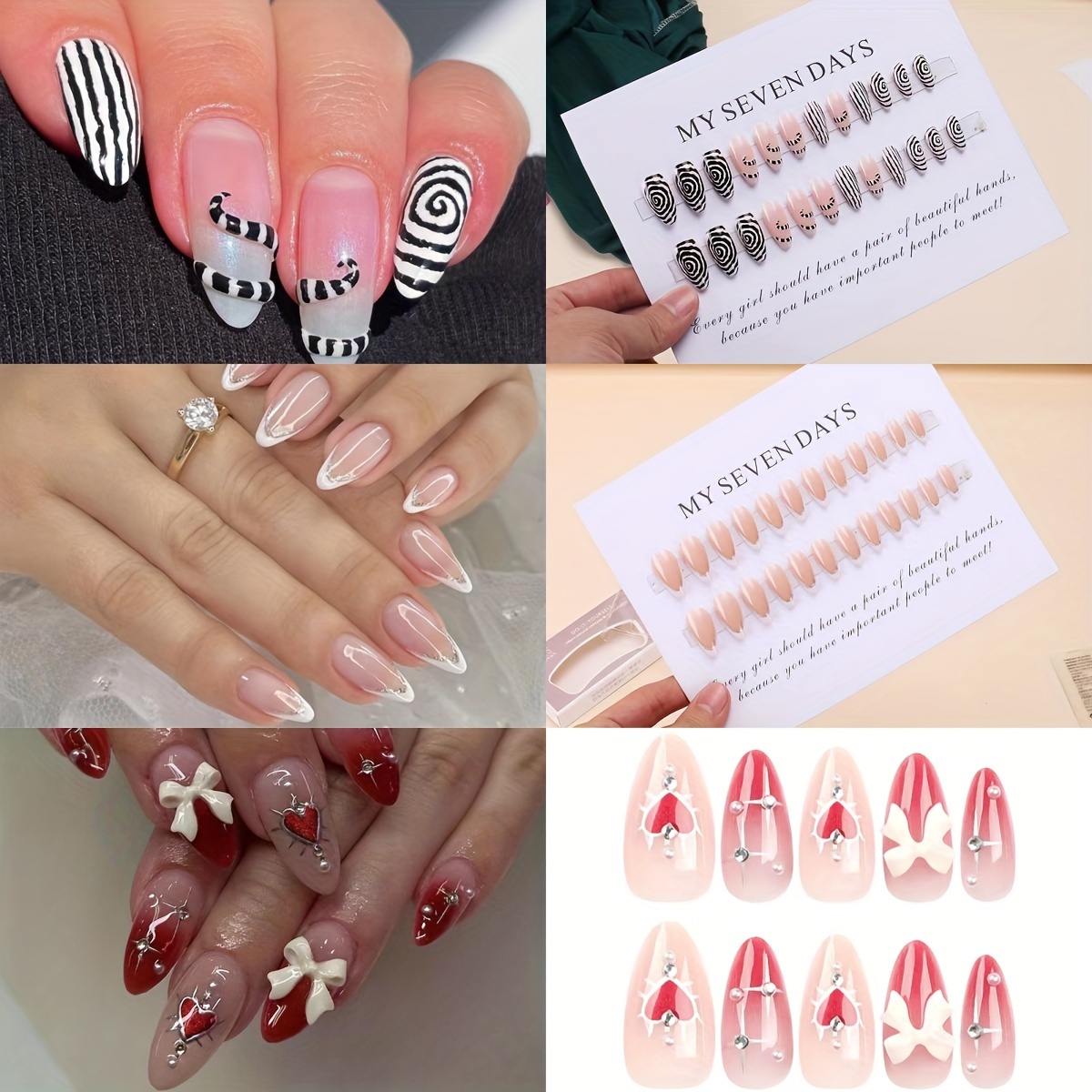 

24pcs/set Medium Almond Press On Nails White French Tip Fake Nails With Glitter Line, Glossy Black And White Ripple Acrylic Nails Glue On Nails For Women Girls Manicure Decorations