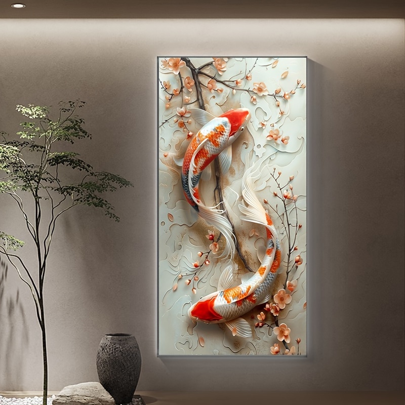 

5d Diy Diamond Painting Kit, Round Full Drill Double Koi Fish Art, Canvas Diamond Mosaic Embroidery Set, Relaxing Handcraft Gift, Home Wall Decor, No Frame - 15.7x27.5 Inch