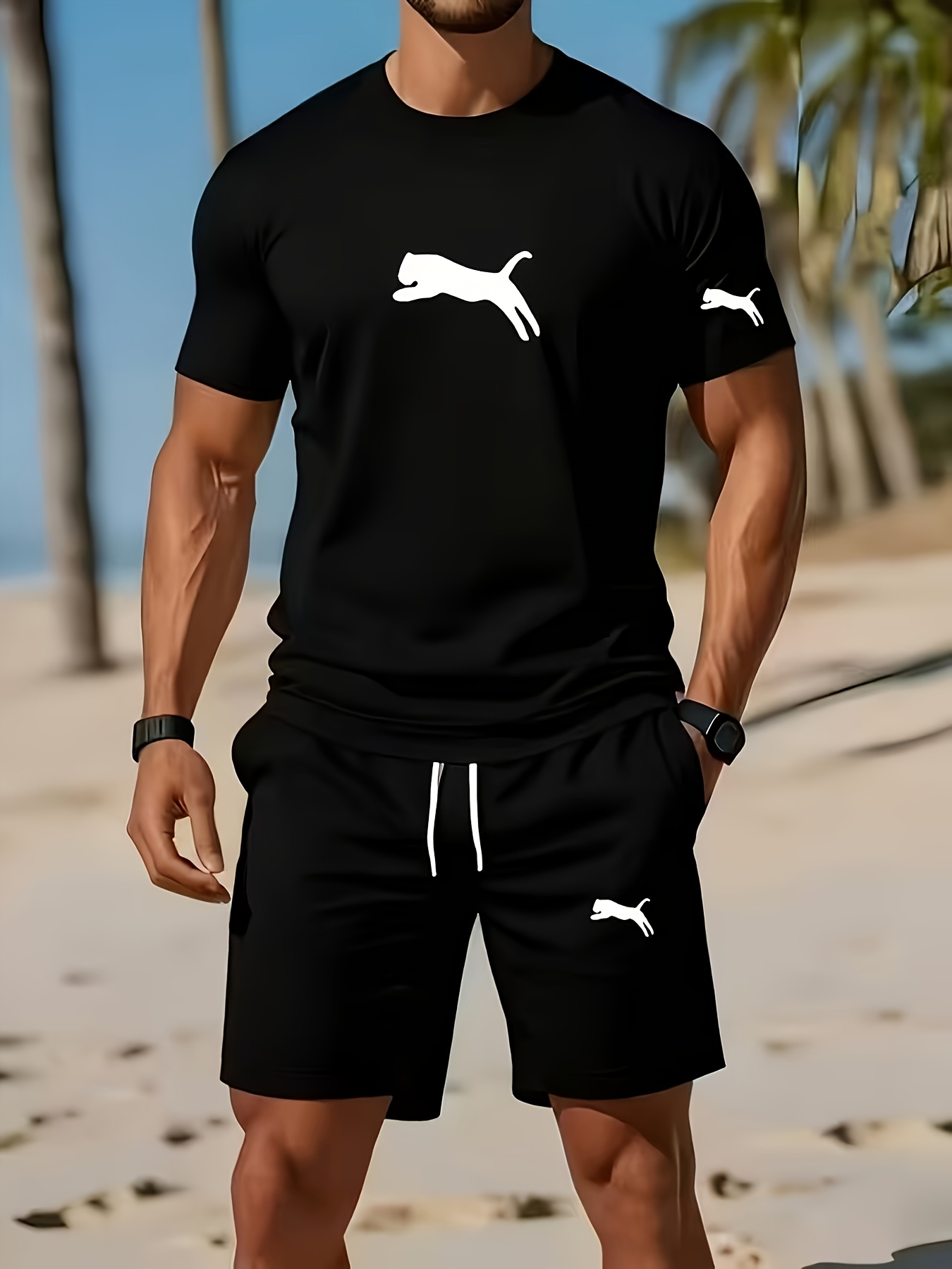 Conjunto de camiseta de manga corta con estampado para hombre y pantalones cortos | Cuello redondo, tejido ligeramente elástico, corte regular, estilo casual, para todas las estaciones, con bolsillos