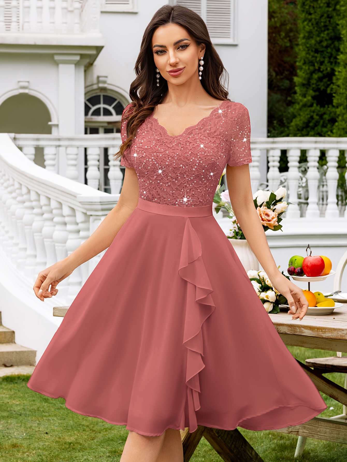 womens elegant v neck floral lace sequin contrast chiffon - Temu Mexico