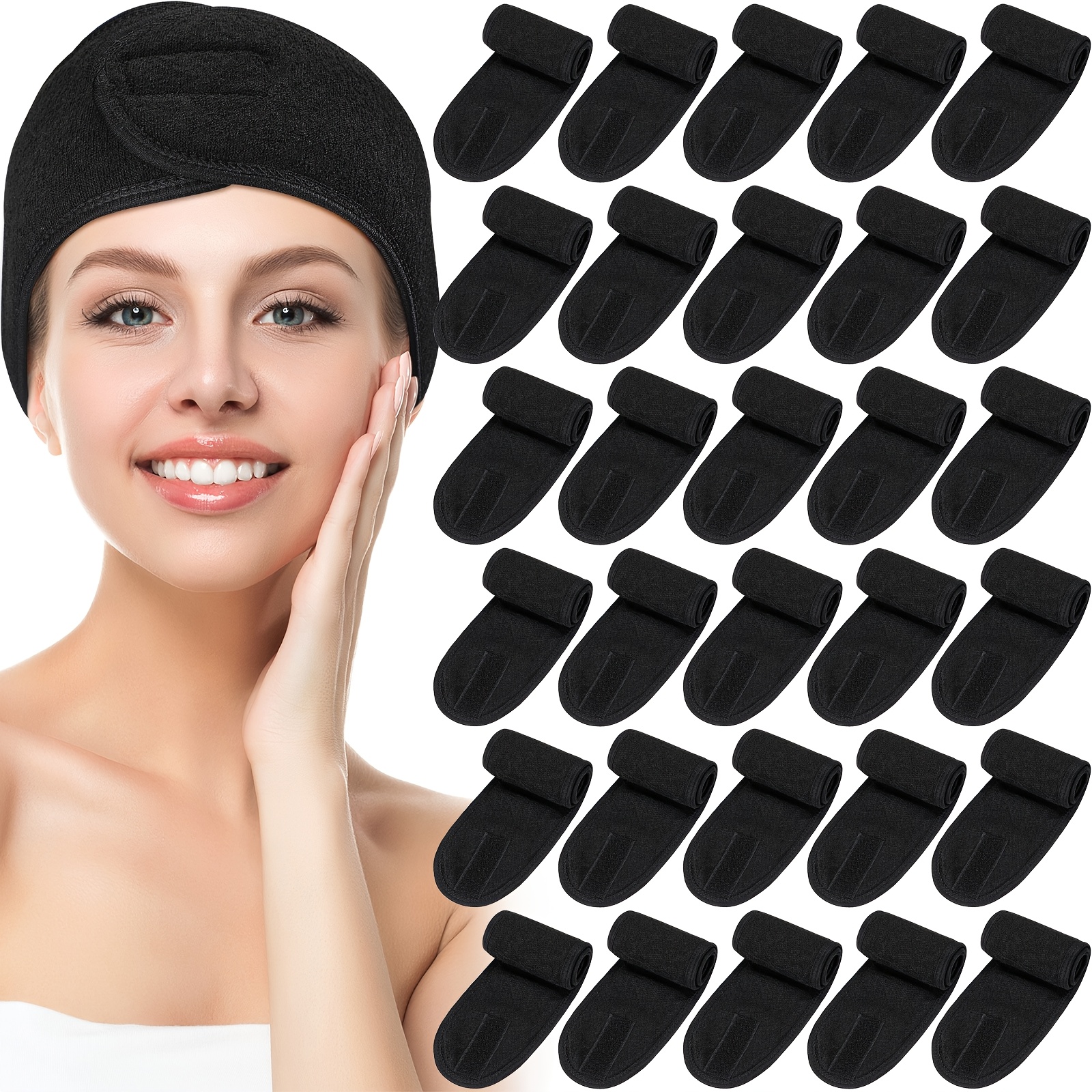 TEMU 30pcs Set Of Spa Headbands For Women, Adjustable For Makeup, Sports, And Shower Use, Featuring A Stretch Towel Design With Tape (in Black)