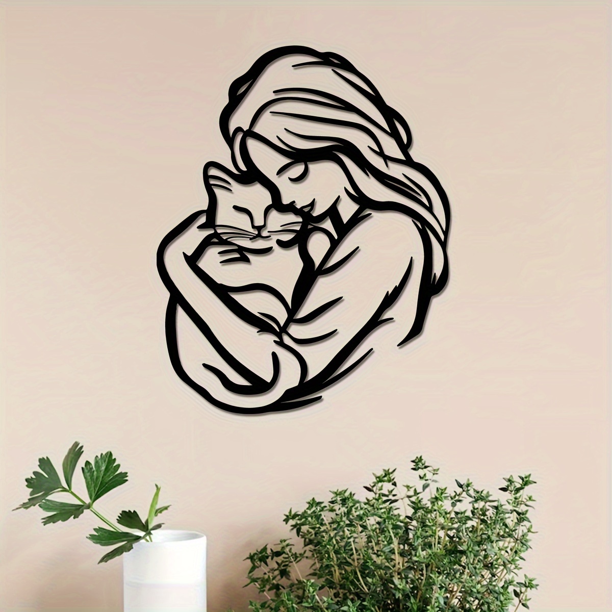 

Metal Wall Art - Woman With Cat Design, Living Room & Bedroom Decor, Ideal Gift For Cat Lovers, Office Accent, , 12.55"x15.75