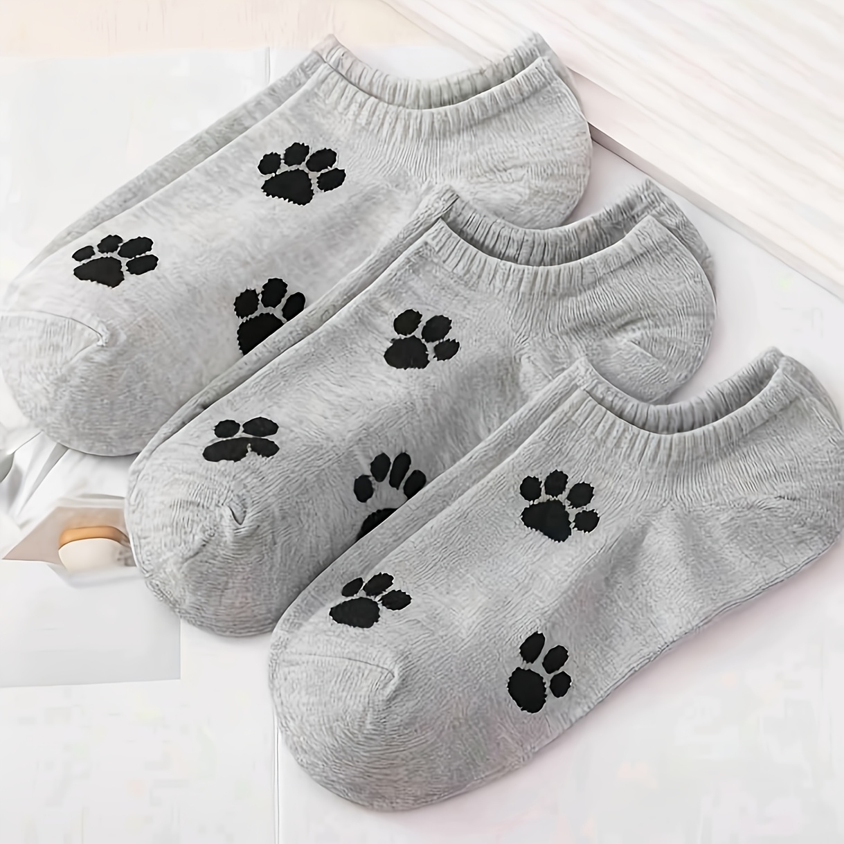 3 pairs womens black white gray contrast cute cat paw pattern boat socks fresh all match    