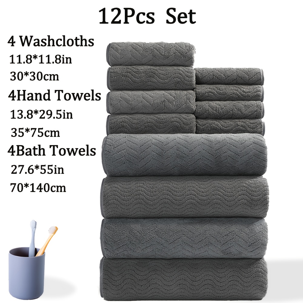TEMU 12pcs Bathroom Towel Set, Including 4 Washcloths + 4 Hand Towels + 4 Bath Towels, Made Of Microfiber Material, Quick-drying And Absorbent. Soft