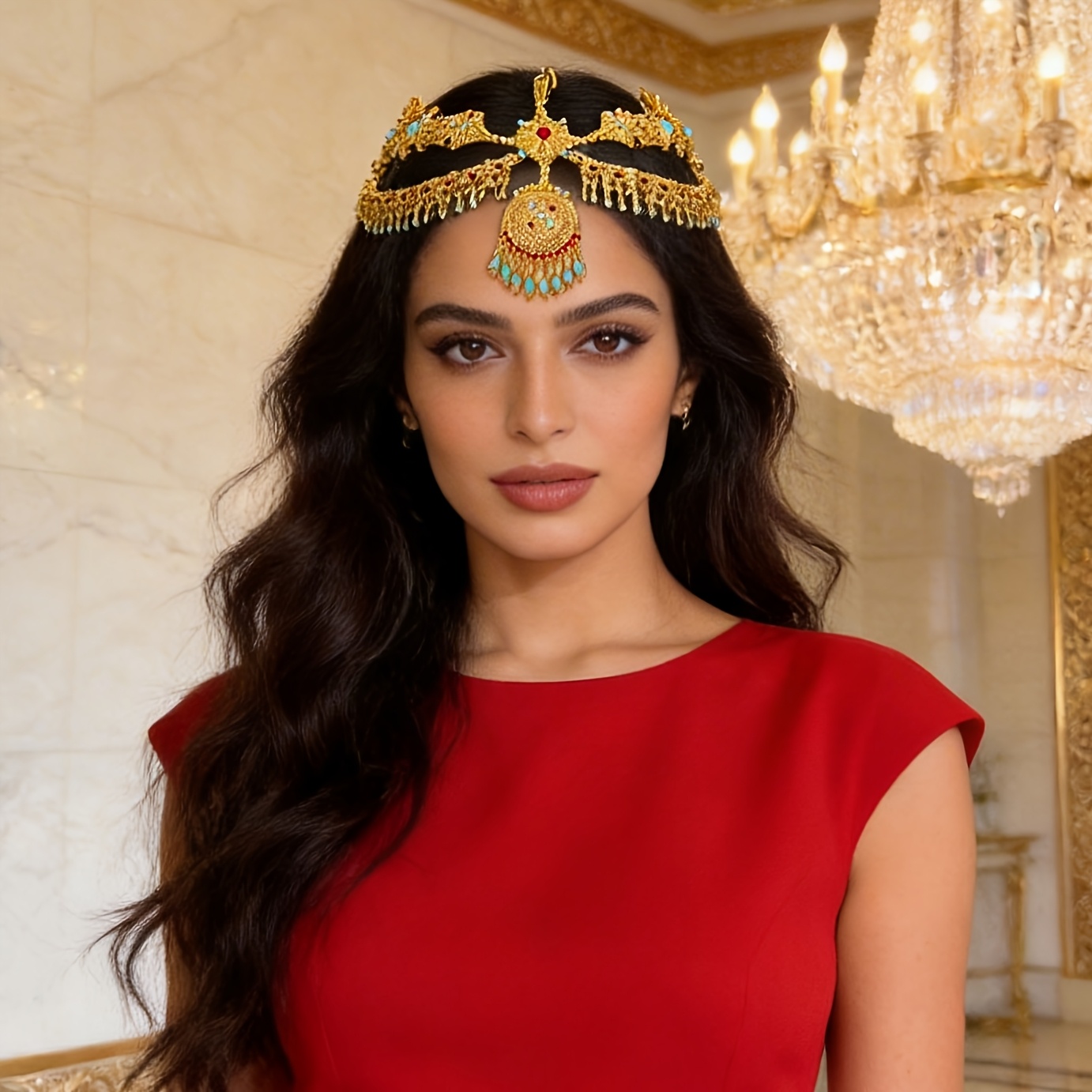 TEMU Bohemian Style Golden Tassel Rhinestone Middle Eastern Arabic Women's Fashion Head Chain, Suitable For Outdoor Wedding Parties, Gift For And