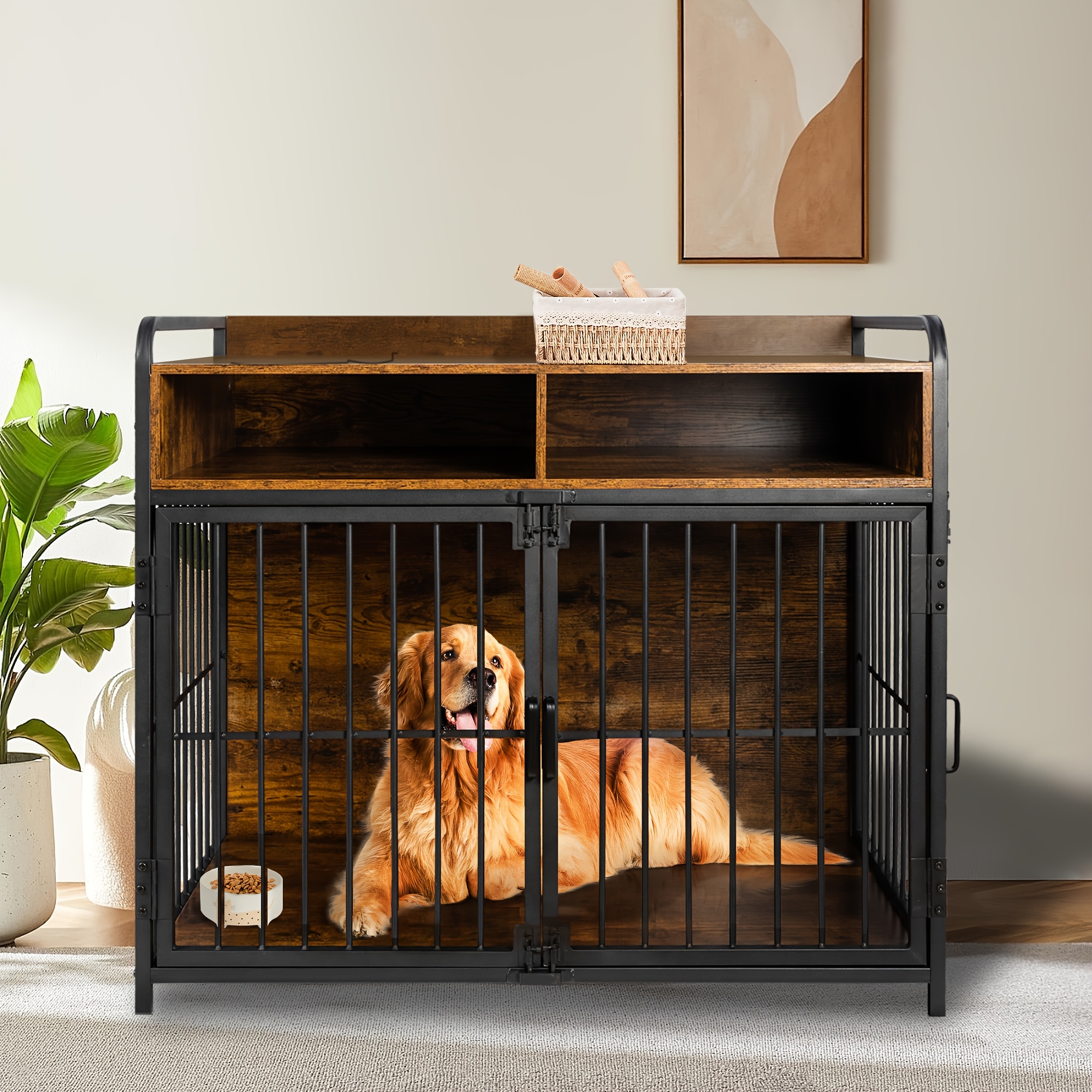 

Sulives Solid Wood Dog Crate Furniture, 41" Large Dog Kennel With Divider, Double Door, 2 Drawer Storage, Reinforced , Hardwood Wooden Crate, With No Electricity Needed For Indoor Use