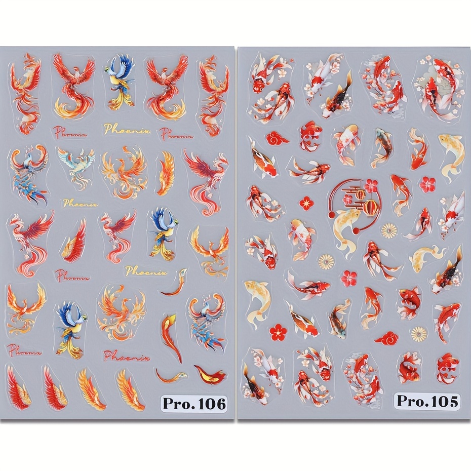2pcs Embossed Phoenix Nail Art Stickers 5d Engraved Koi Fish Flower Decals Wings Feather New Year Manicure Sliders For Grils