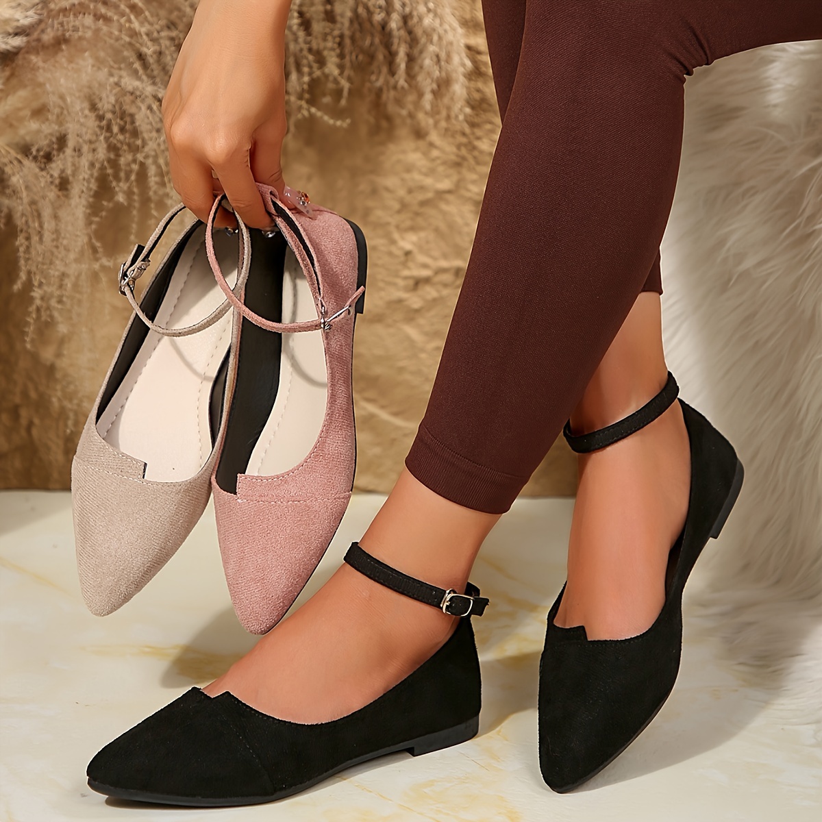 Zapatos de punta redonda con y correa para mujer negra, zapatos  casuales cómodos con correa en el tobillo y cadena decora