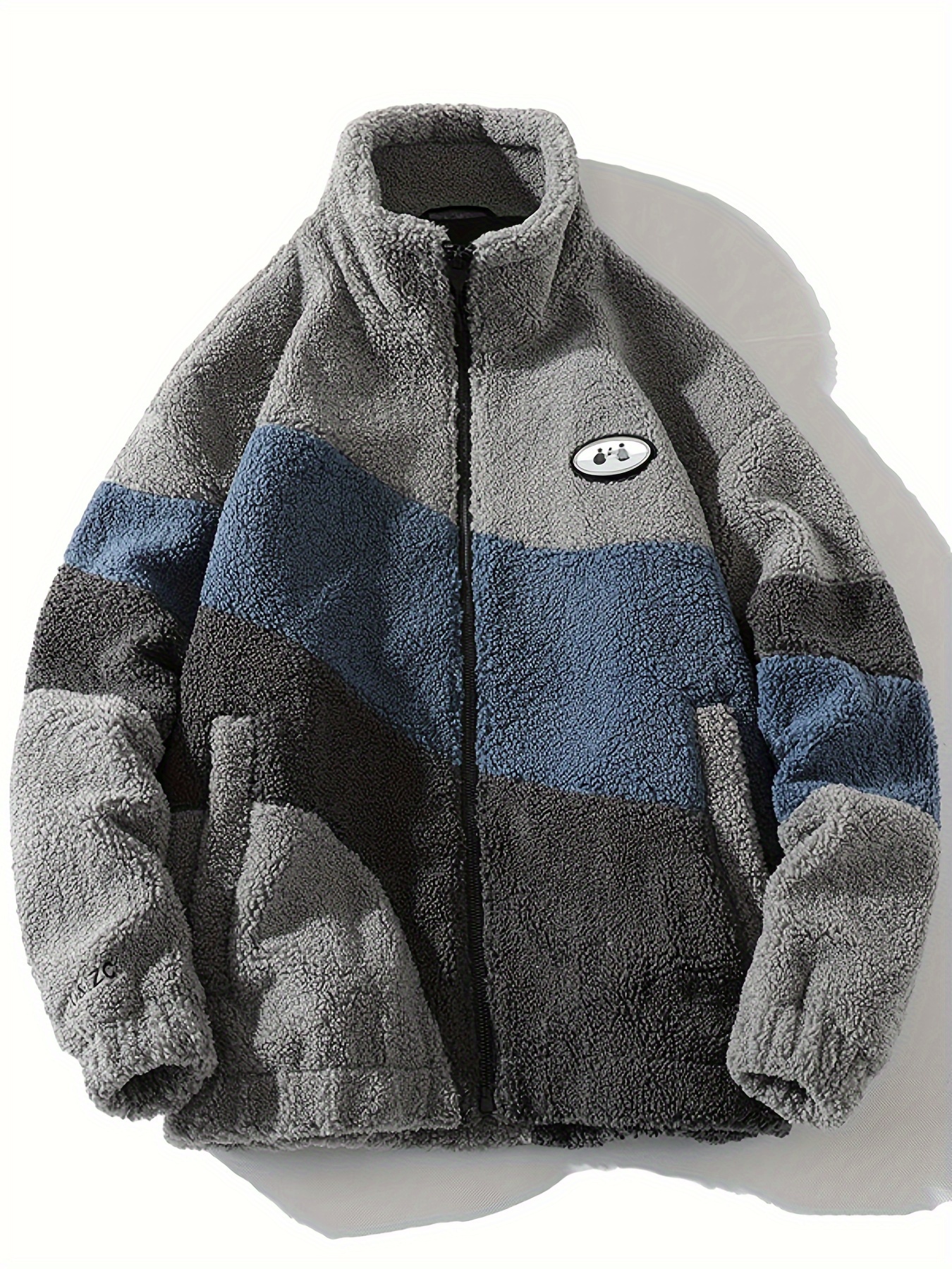 men's color block fleece jacket pockets cozy zip windbreaker