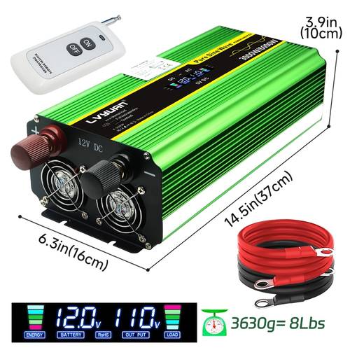 power inverter pure sine wave inverter 3000 watt 6000 watt peak 12 volt to 110 volt to ac with ac outlet lcd display wireless remote control automotive power inverter for motorhomes rvs and campers 24 volt auto accessories