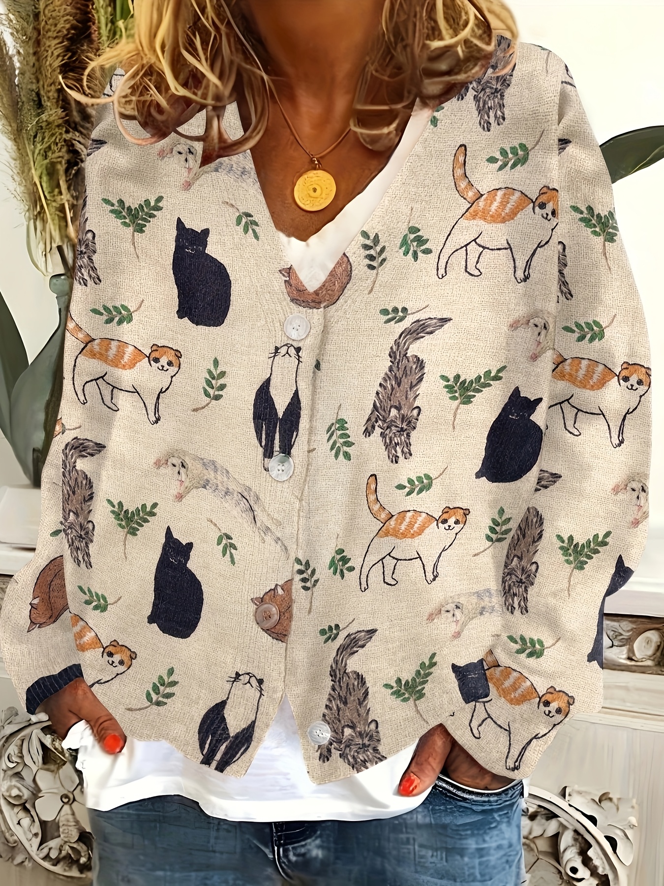 cardigan casual feminino com estampa de gato design - Temu Brazil, image size:800x1067