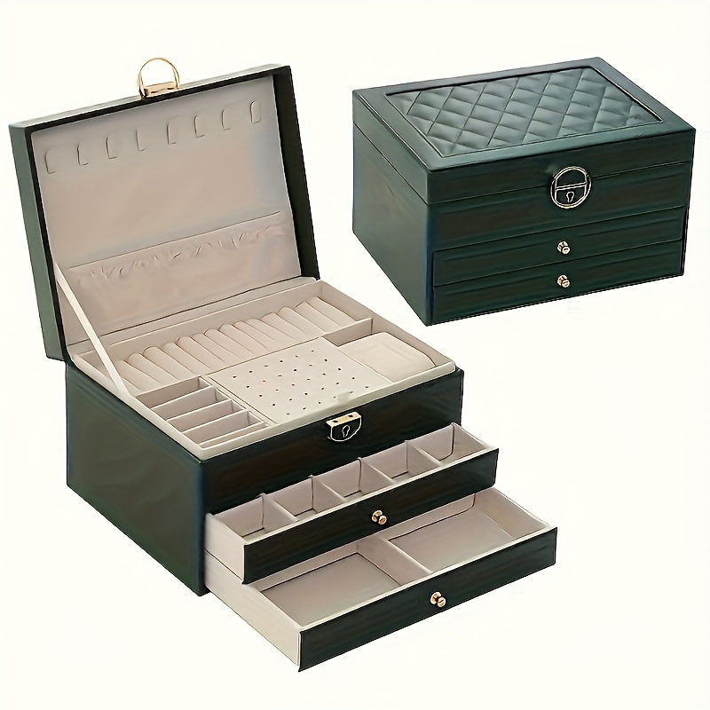 3 tier jewelry box organizer with key lock elegant green   lined compartments secure locking lid for earrings rings necklaces bracelets perfect gift for women home   decor durable synthetic   leather construction large jewelry box keepsake holder sophisticated design   leather   jewelry boxes Product details 1