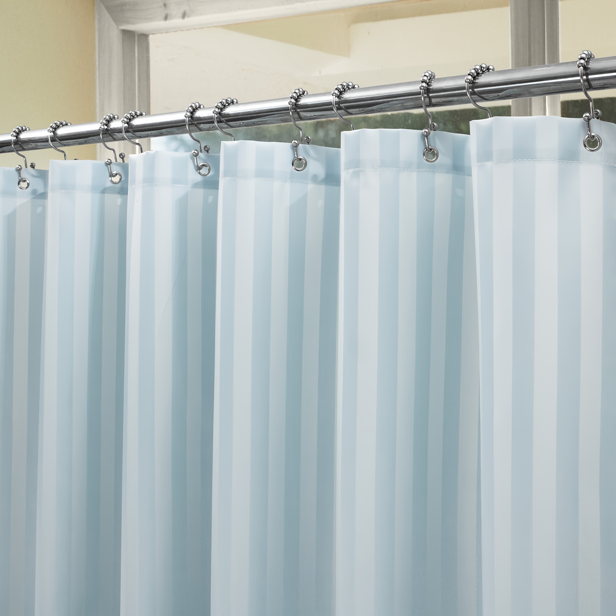 

Waterproof Blue Striped Fabric Shower Curtain With Rust-proof Grommets For Bathroom, 72"x72