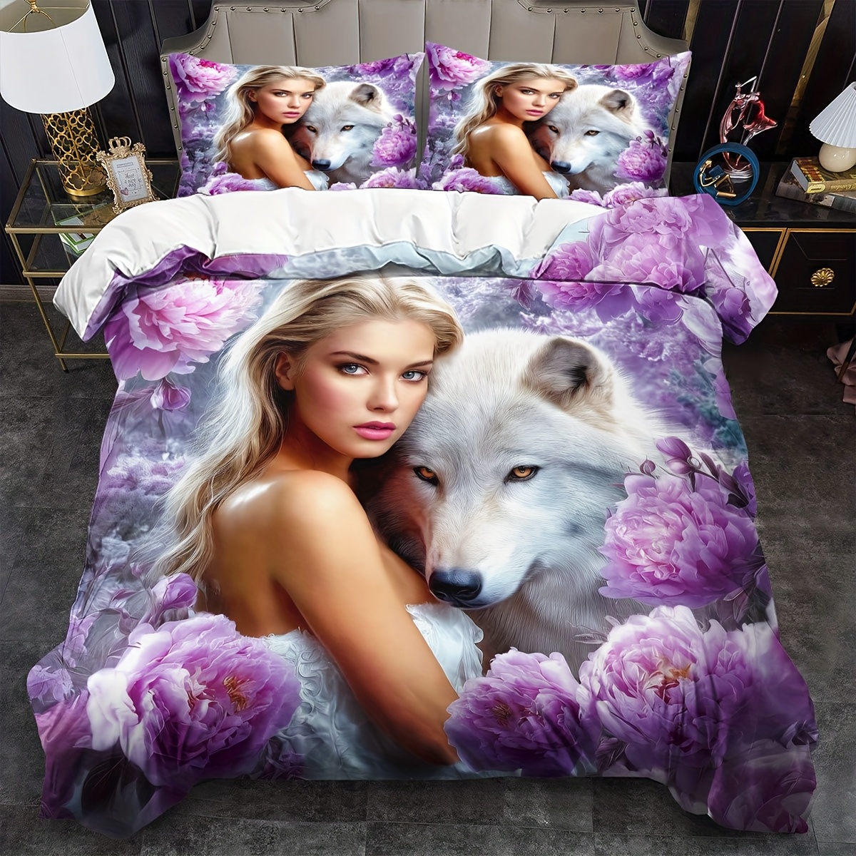 TEMU 2/ 3pcs Flower Wolf Mysterious Queen Quilt Cover Set, 2d Flat Printing Non-real Print Duvet Cover Set, King Bedding, Quilt Decoration, Bedroom (