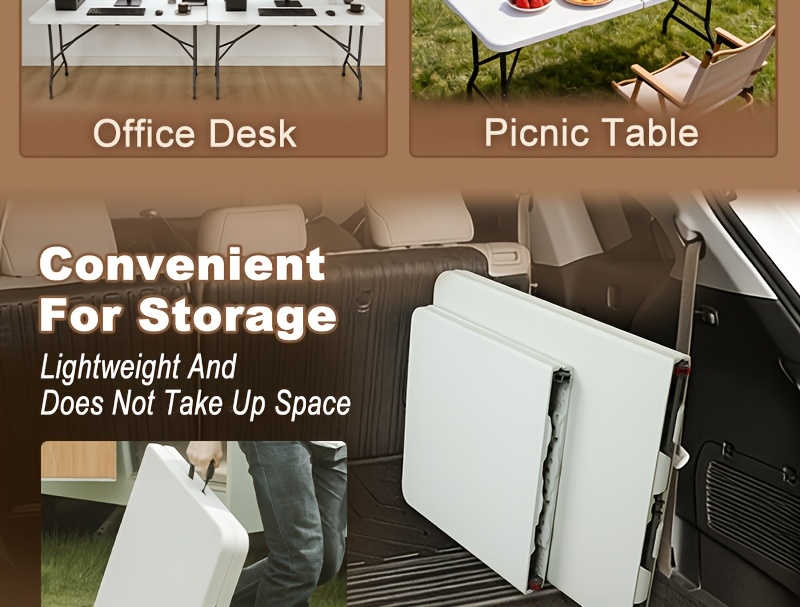2.5/4/6英尺折叠桌 | 便携式重型塑料半折叠用途桌，带提手、锁具、可调节高度，适用于室内/室外，是露营和派对的理想选择，白色/黑色
