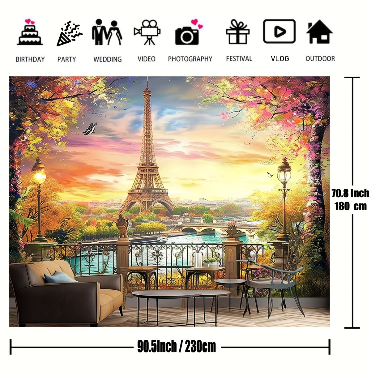 6x6ft Spring Paris Landscape shops Circular Background Eiffel Tower Balcony Landscape