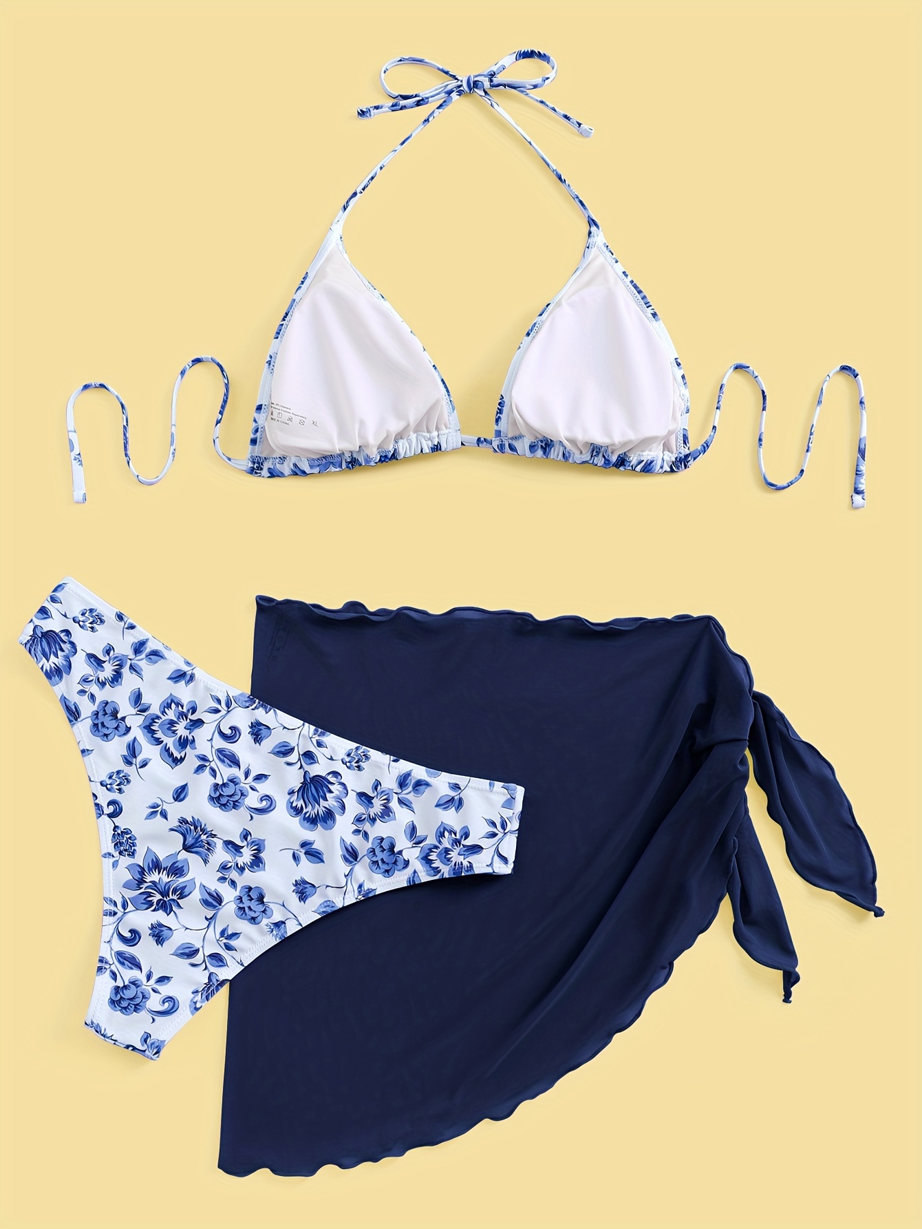 1set Women's Floral Print Bikini Set with Mesh Skirt - High Elasticity Polyester Fabric, Halter Neck, Sleeveless, Casual Knit Beachwear