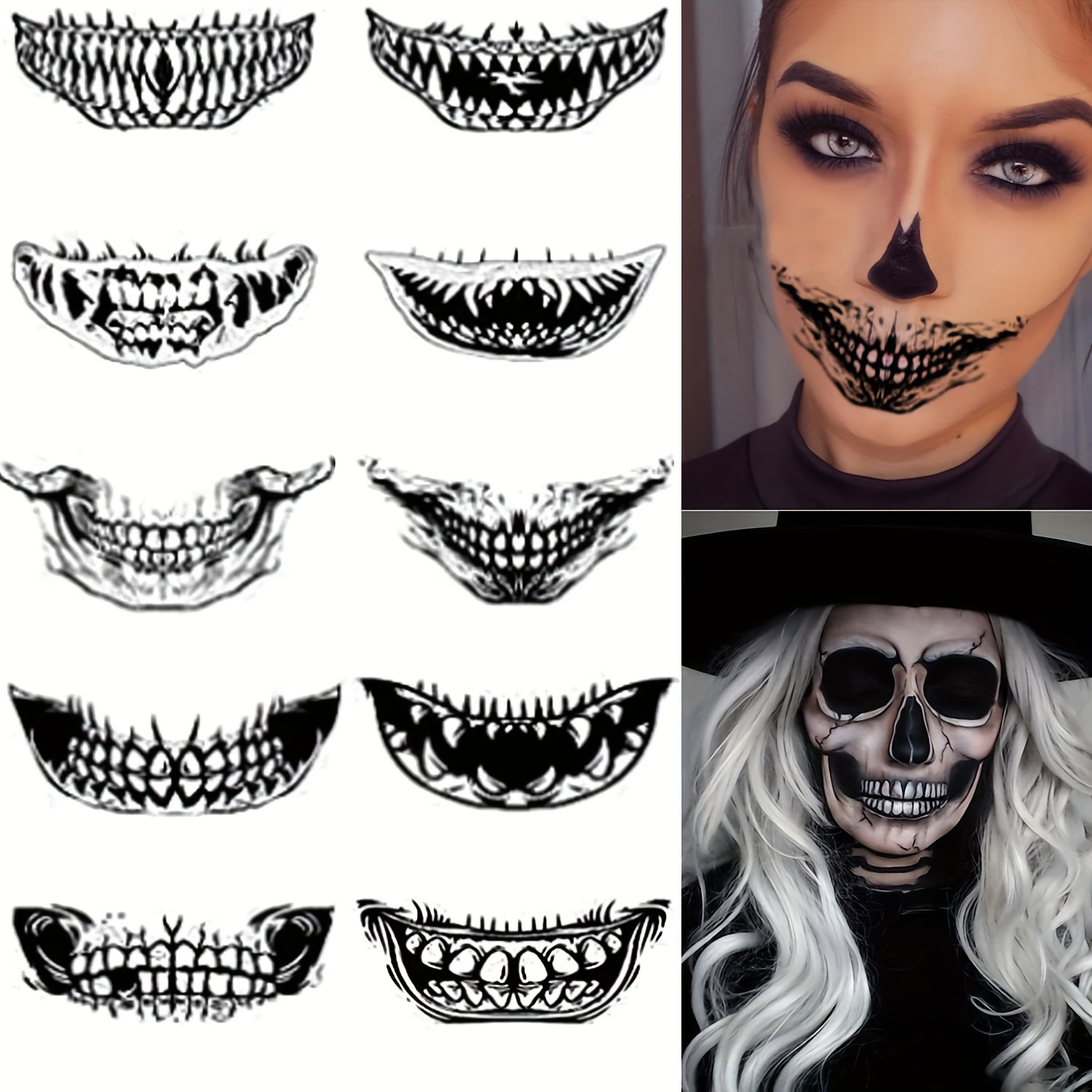 

10pcs Horror Mouth Face Decoration Tattoos - Waterproof Removable Teeth Stickers For Makeup Kit