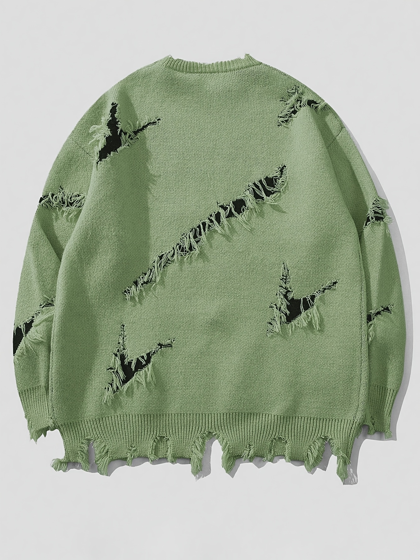 Men'S Casual Crew Neck Knit Sweater with Artistic Graffiti Portrait | Loose Fit, Ripped Details, Long Sleeve, Comfortable Texture for Fall/Winter - Image 6