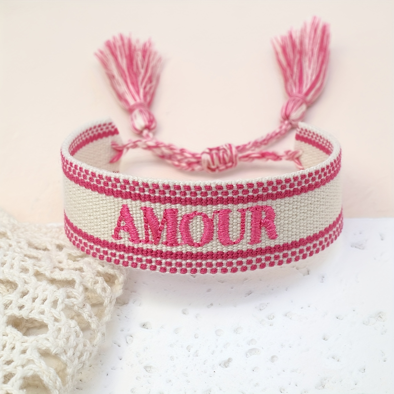 Handcrafted Vintage-Style Bracelet with Embroidered 'AMOUR'