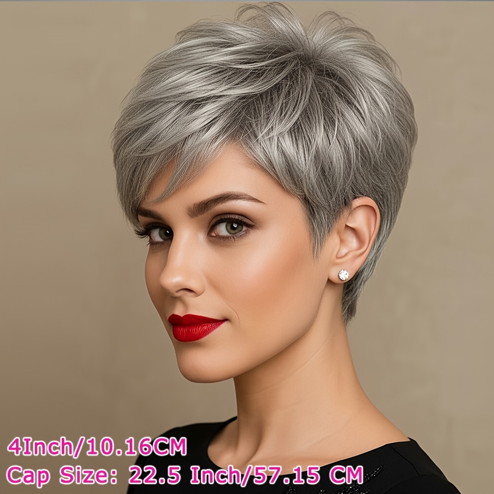 TEMU Perruque en vrais cheveux péruviens pour femme - Coupe courte et droite grise avec bonnet en filet rose, postiche à complète fabriqué à pour