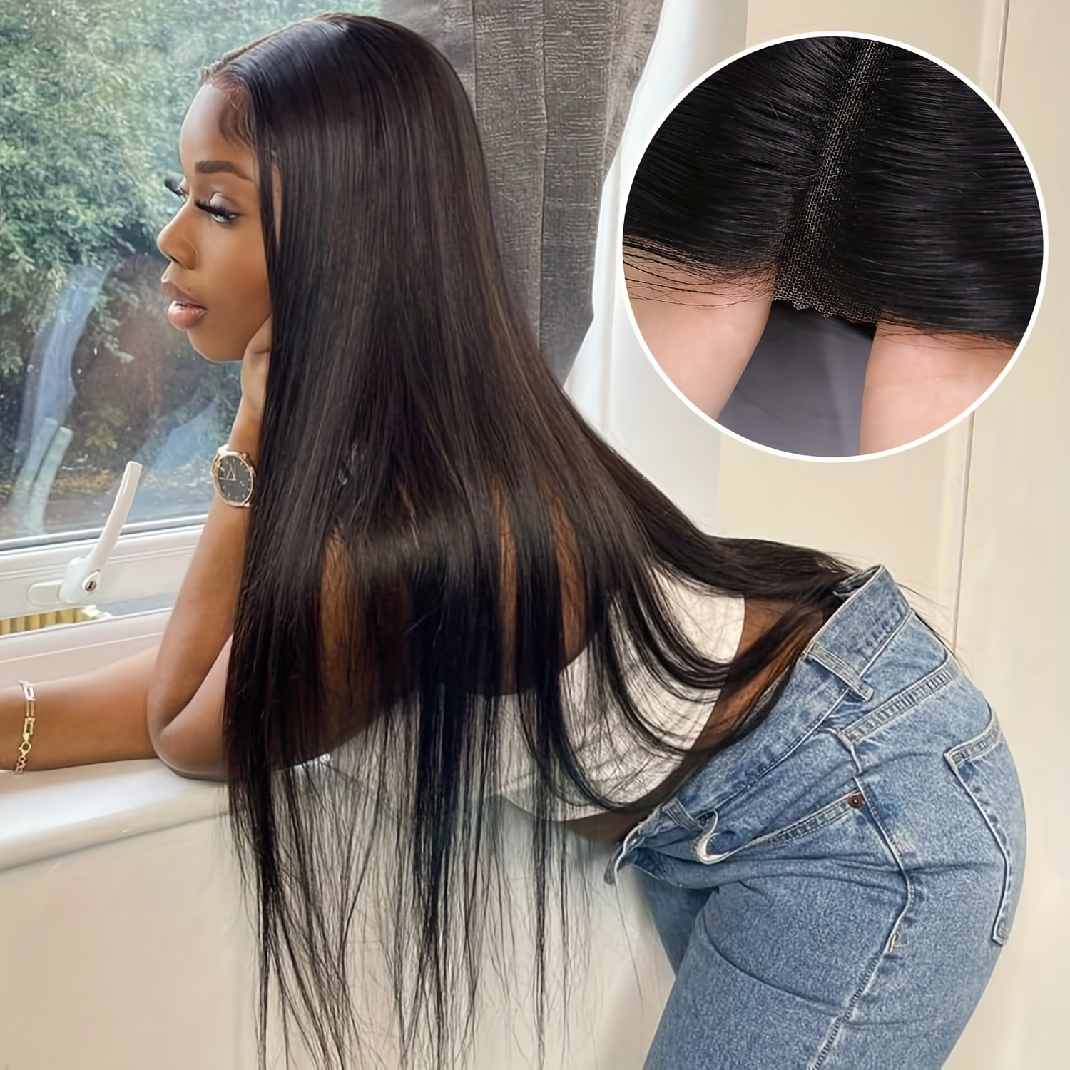 E-shop 28 Zoll 13X6 Natürliche Schwarze Lace Front Perücken Lange Glatte Vorgezupfte Kleberlose Perücken mit Natürlicher 180% Dichte HD Transparente